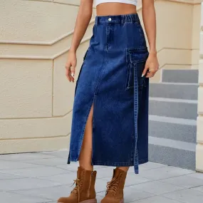 Light Blue Distressed Jeans Skirts Women Fashion Streetwear Long Denim Skirt Korean Style Jean Slit Midi 2024 Vintage Pants