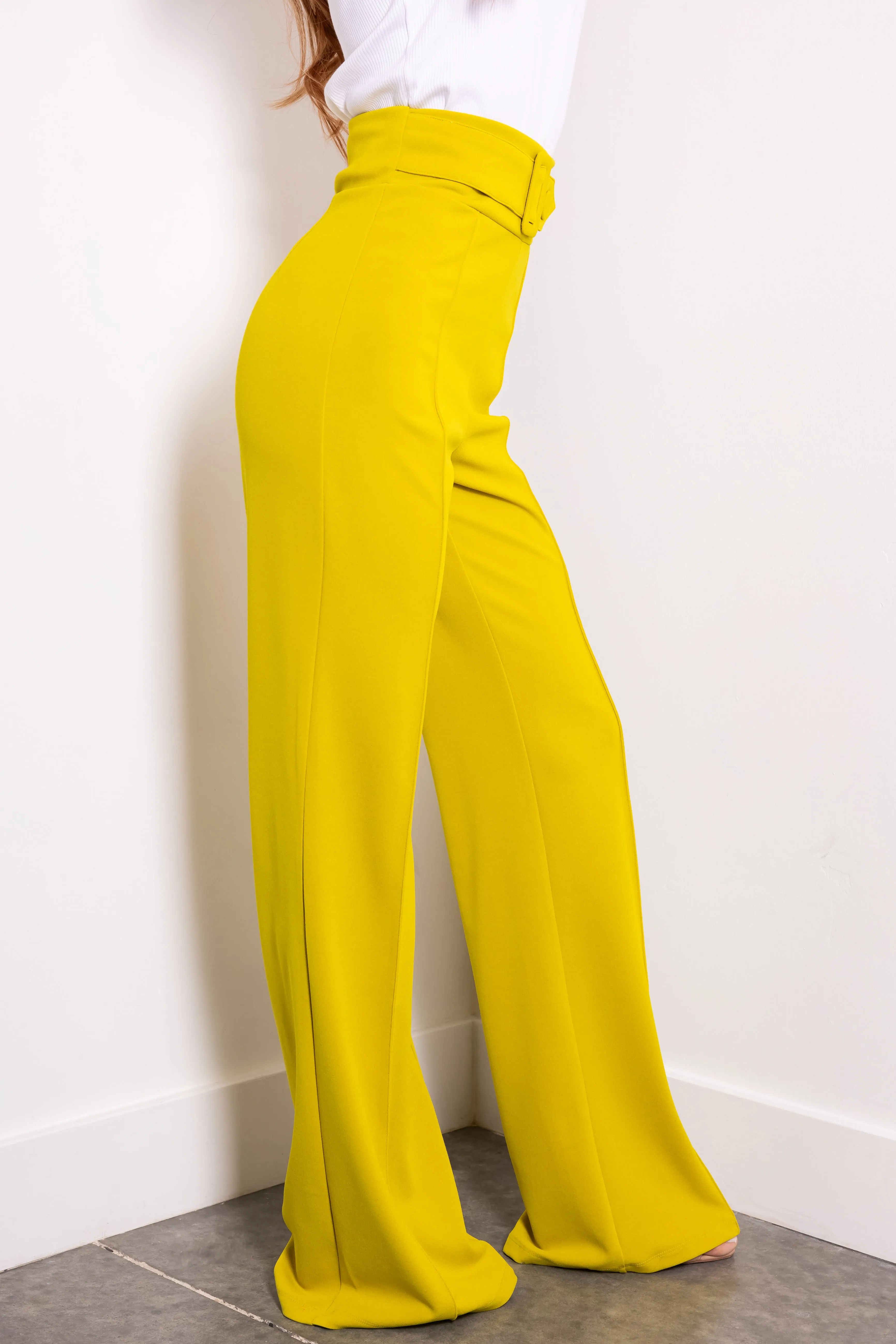 Lime Belted High Waist Pleated Pants