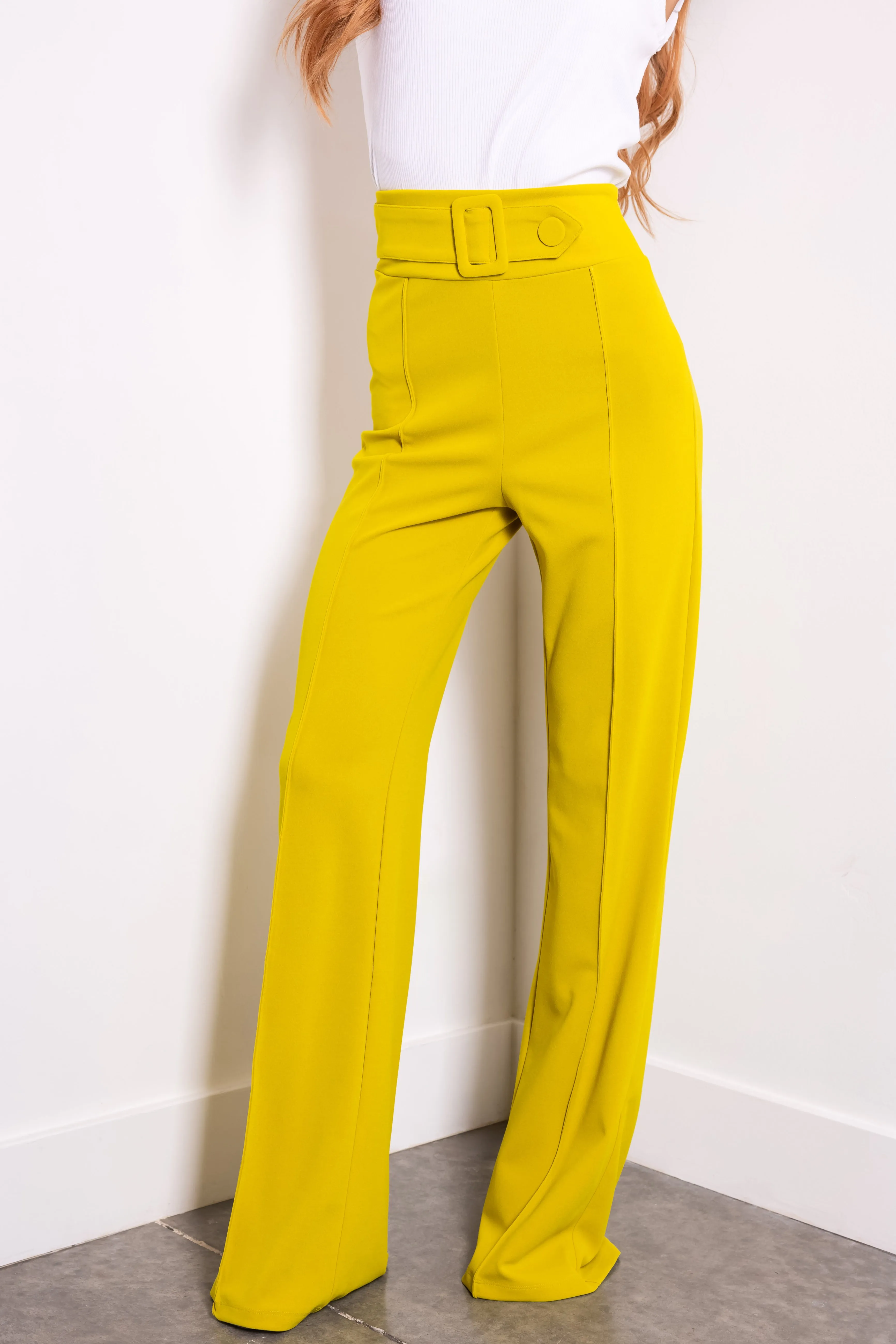 Lime Belted High Waist Pleated Pants