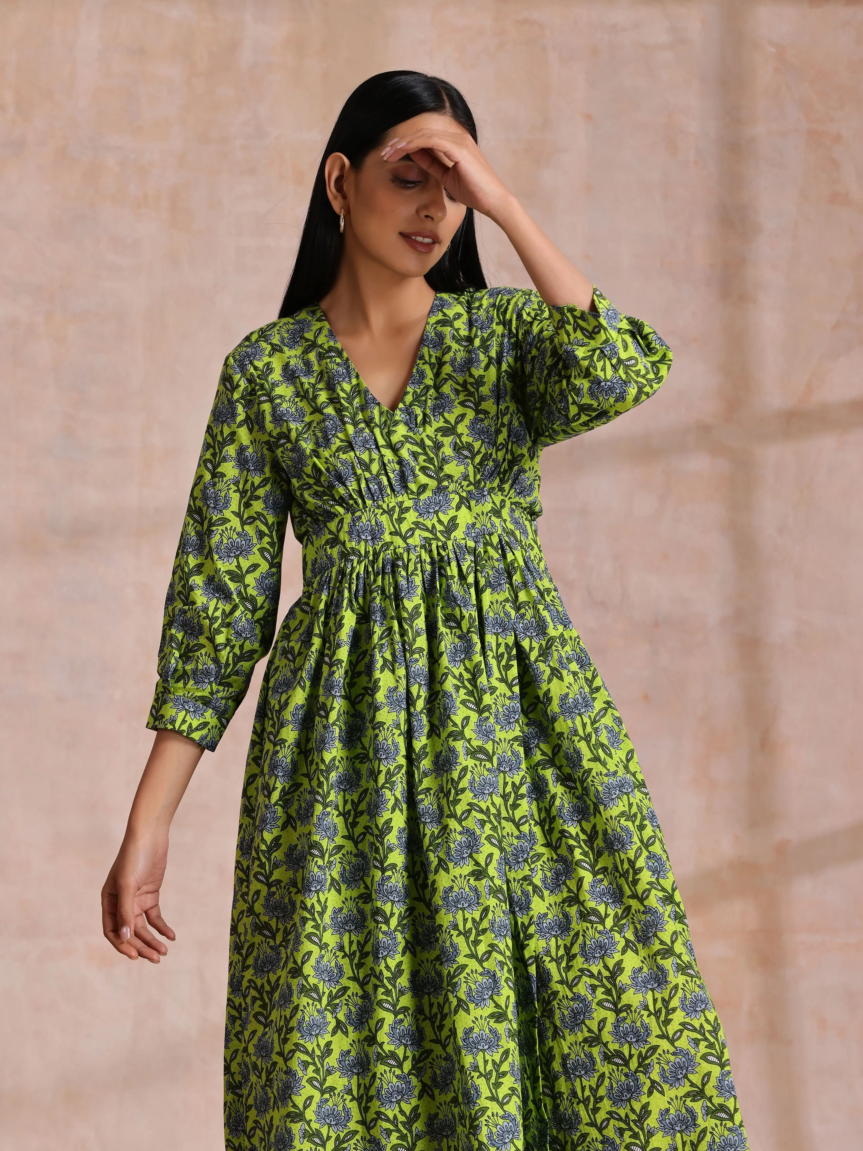 Lime Green Overall Blue Floral Block Print Cotton Wrap Dress