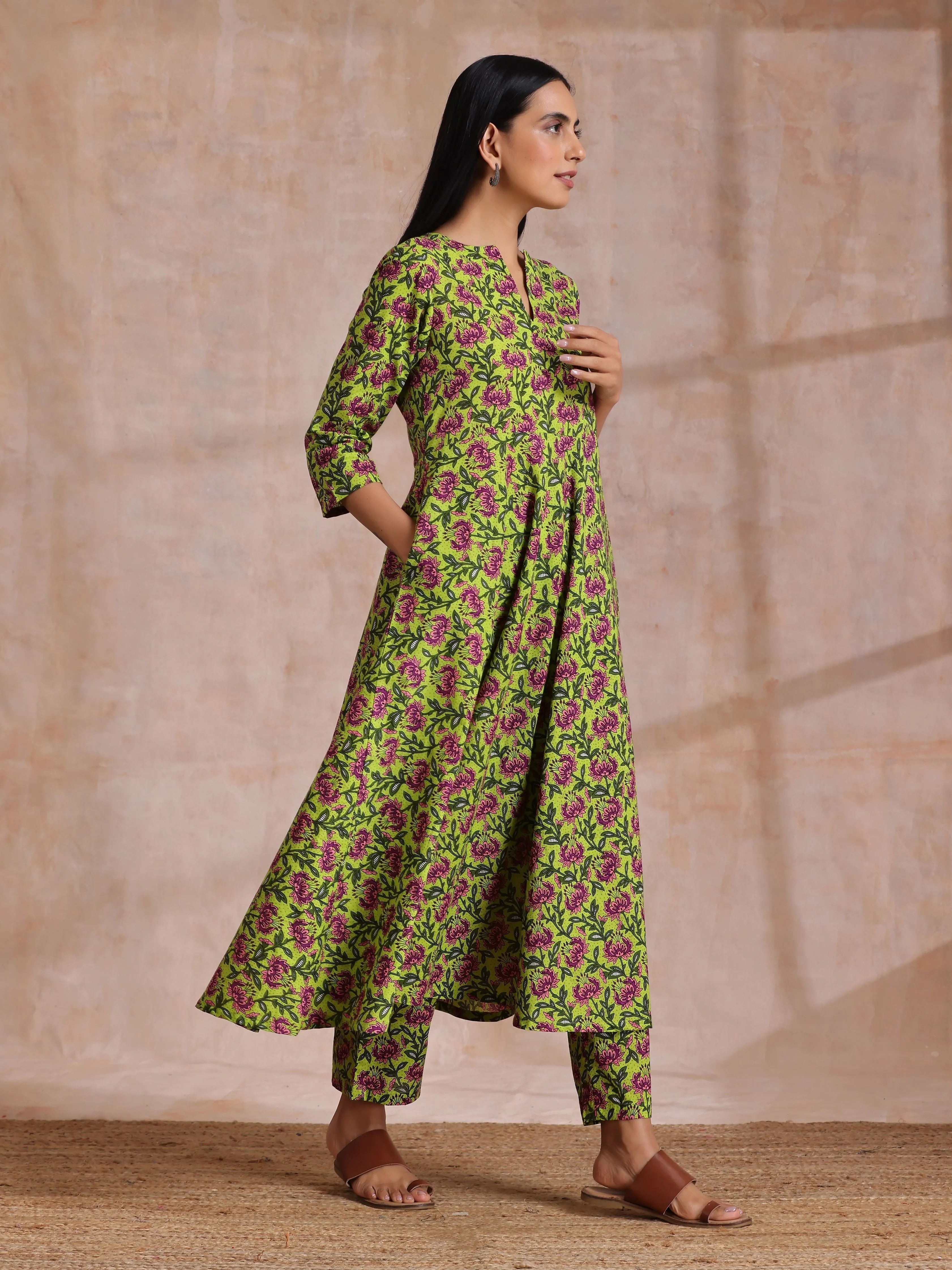 Lime Green Overall Pink Floral Block Print Cotton Flared Kurta Pant Set