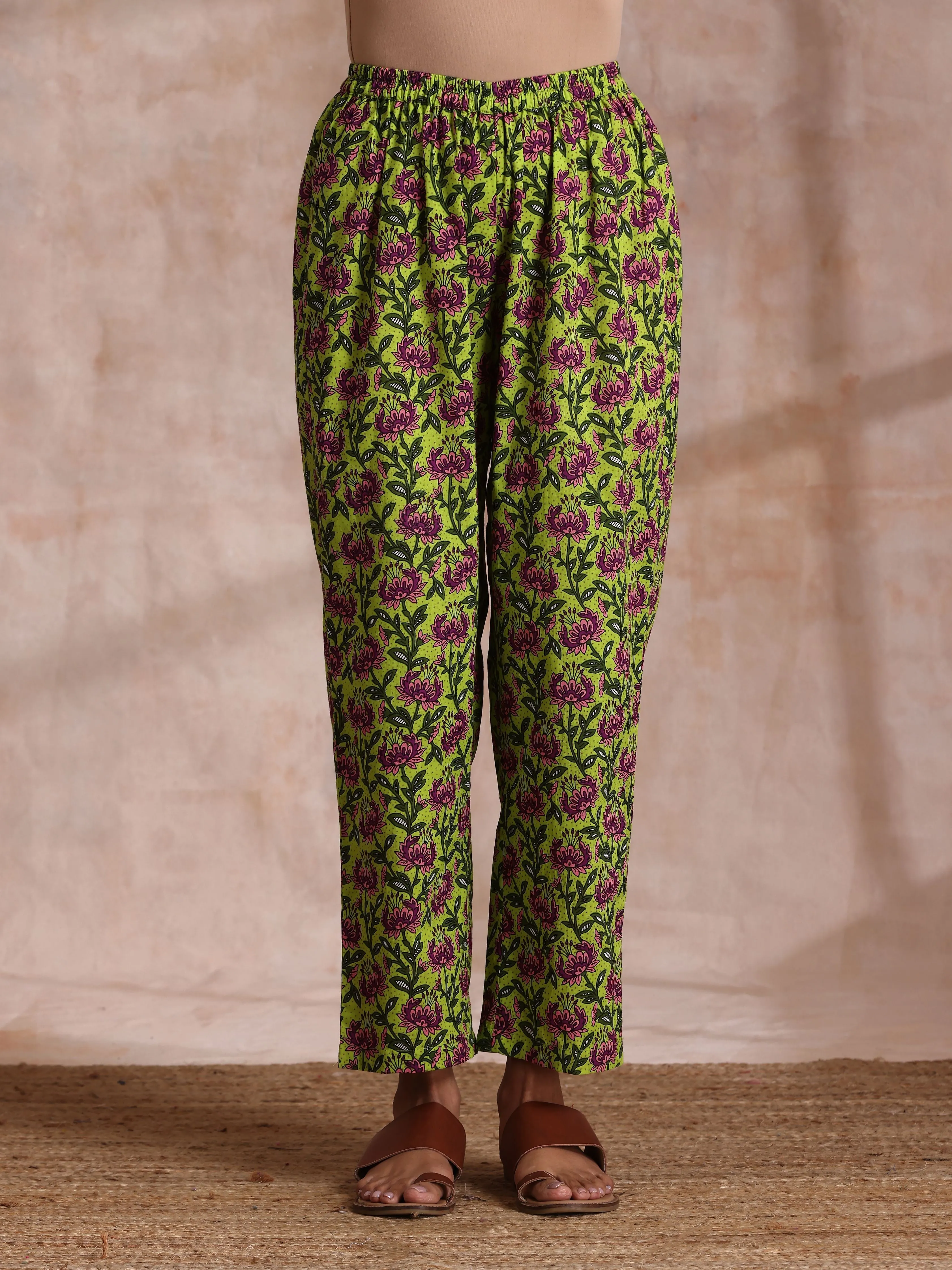 Lime Green Overall Pink Floral Block Print Cotton Flared Kurta Pant Set