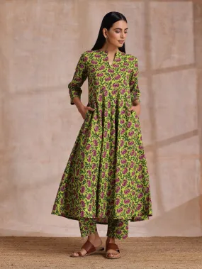 Lime Green Overall Pink Floral Block Print Cotton Flared Kurta Pant Set