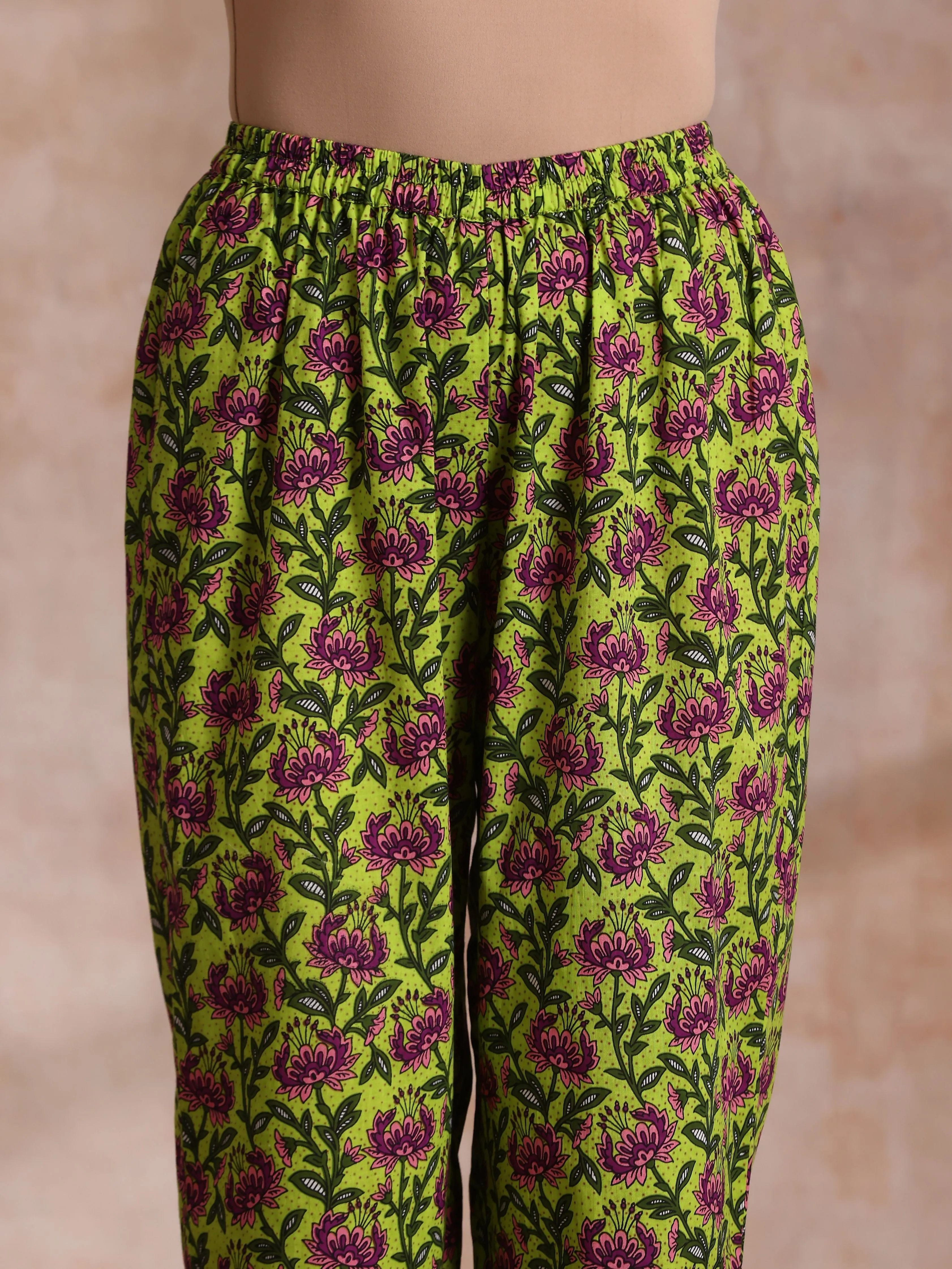 Lime Green Overall Pink Floral Block Print Cotton Flared Kurta Pant Set