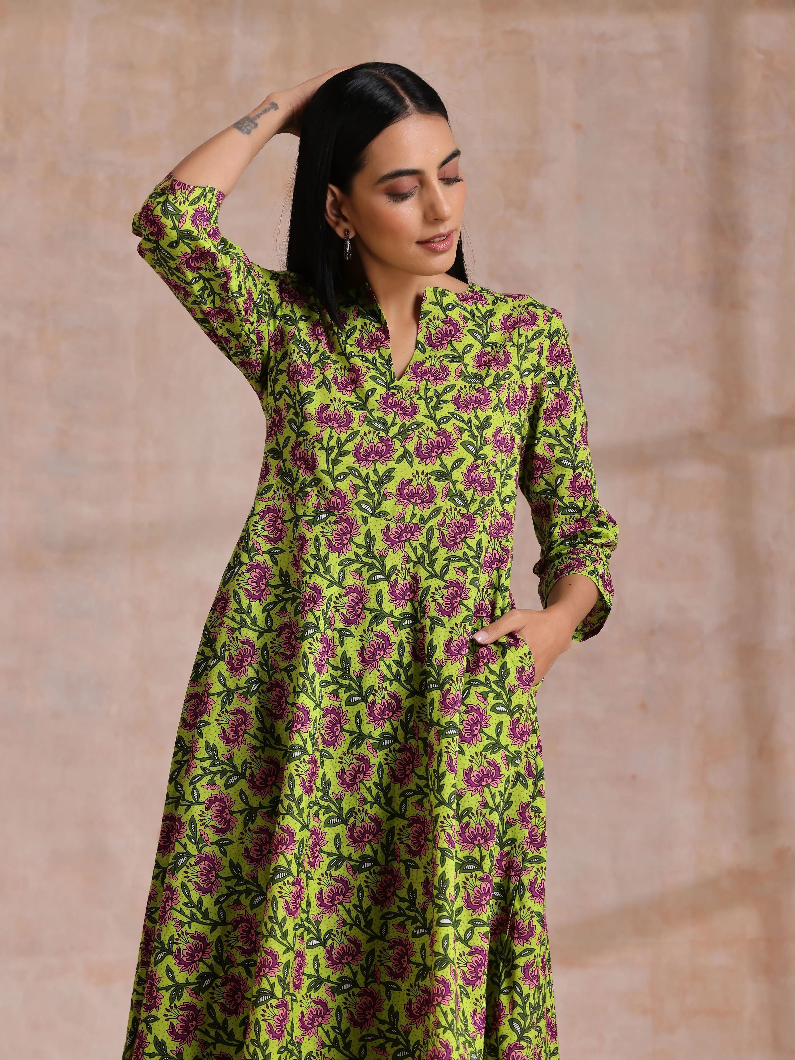 Lime Green Overall Pink Floral Block Print Cotton Flared Kurta Pant Set