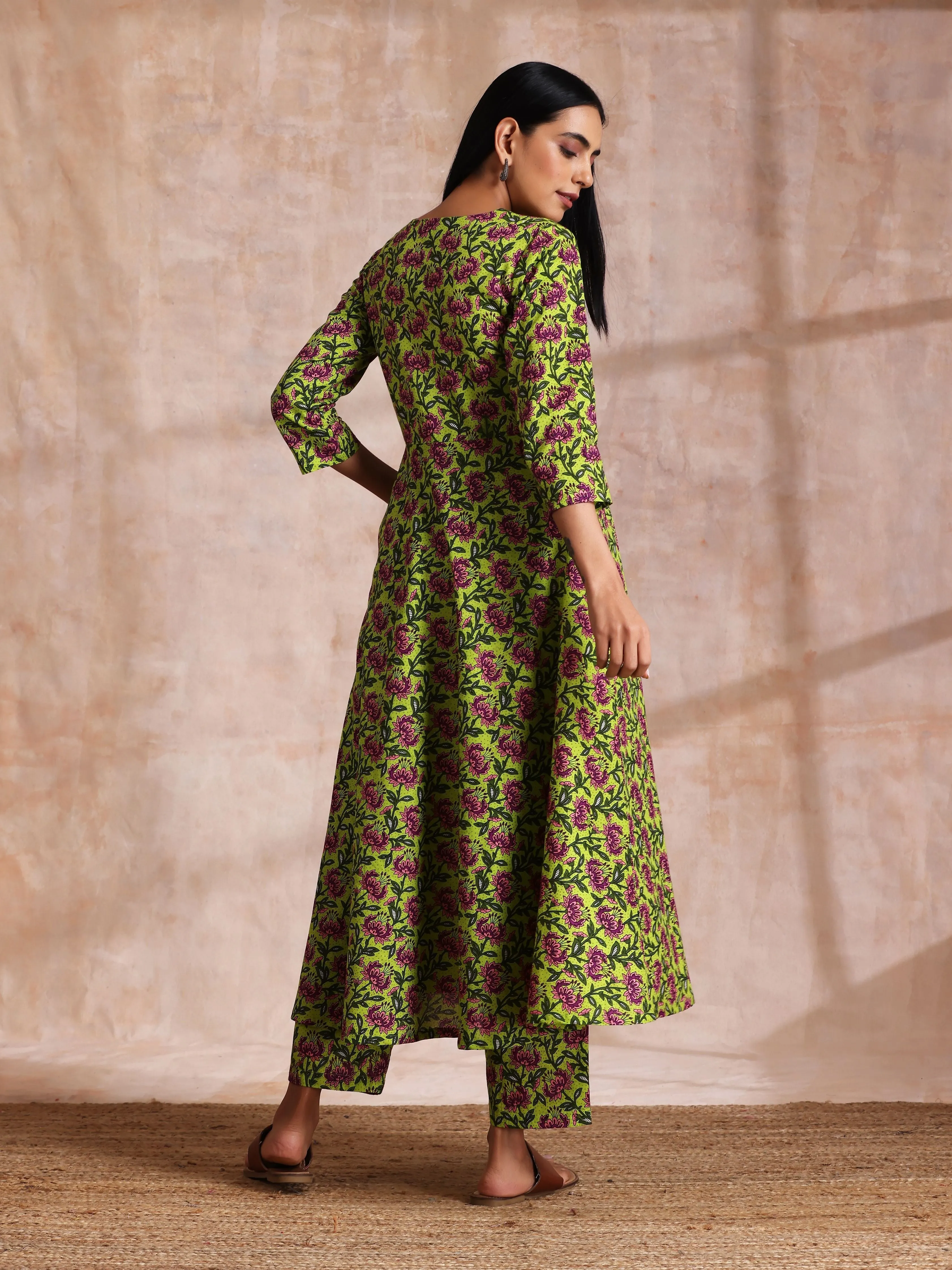 Lime Green Overall Pink Floral Block Print Cotton Flared Kurta Pant Set