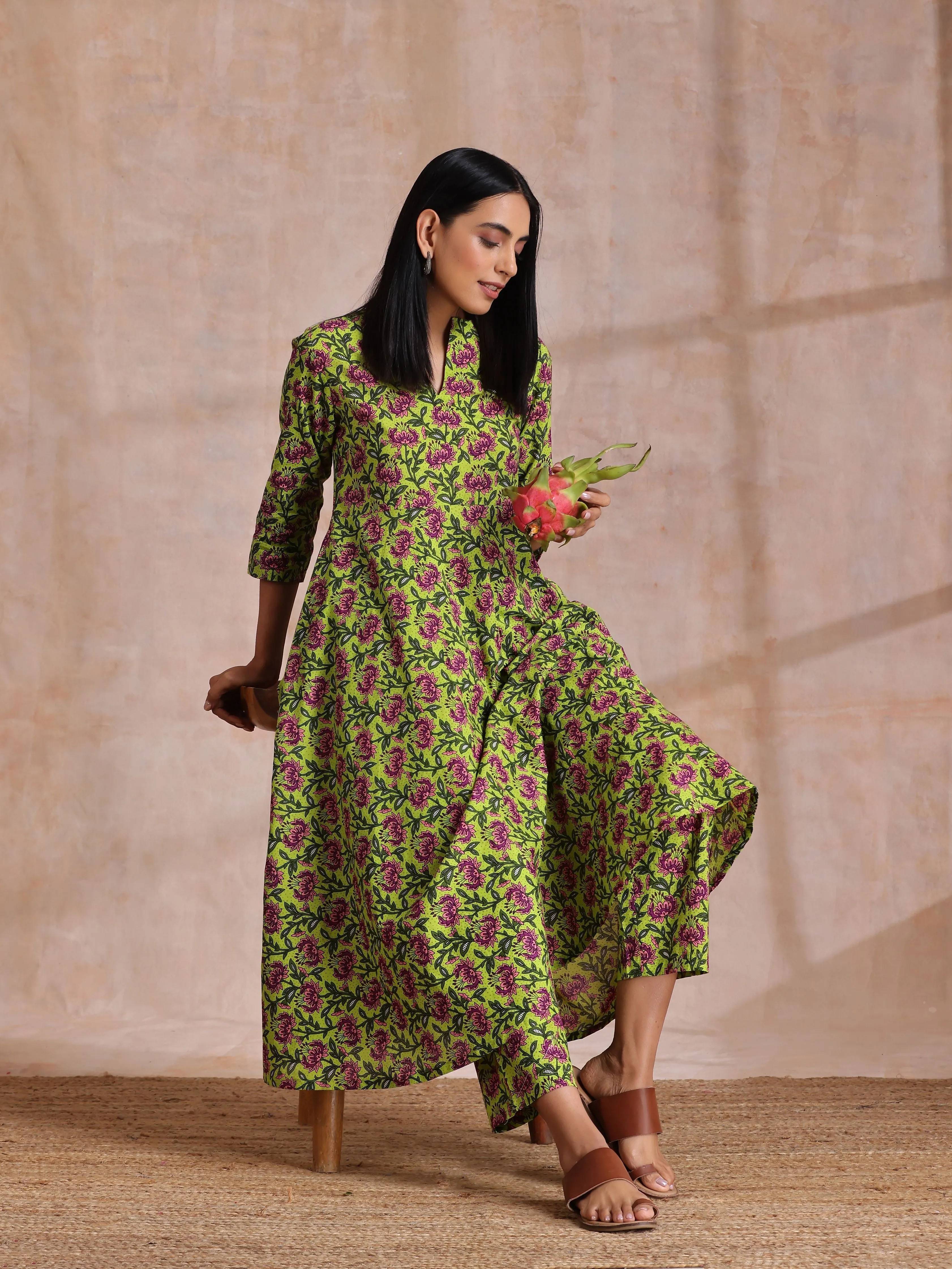 Lime Green Overall Pink Floral Block Print Cotton Flared Kurta Pant Set