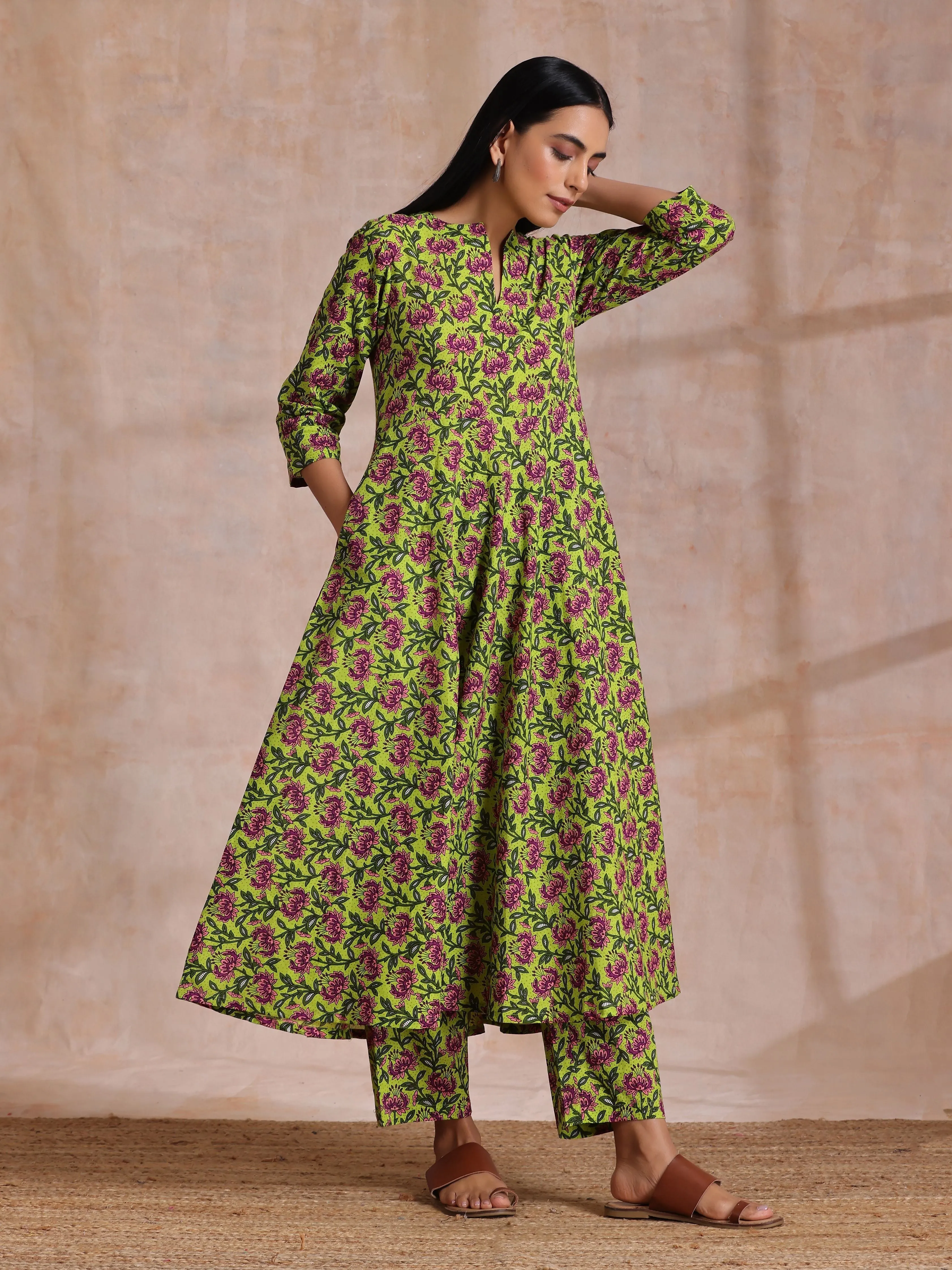 Lime Green Overall Pink Floral Block Print Cotton Flared Kurta Pant Set