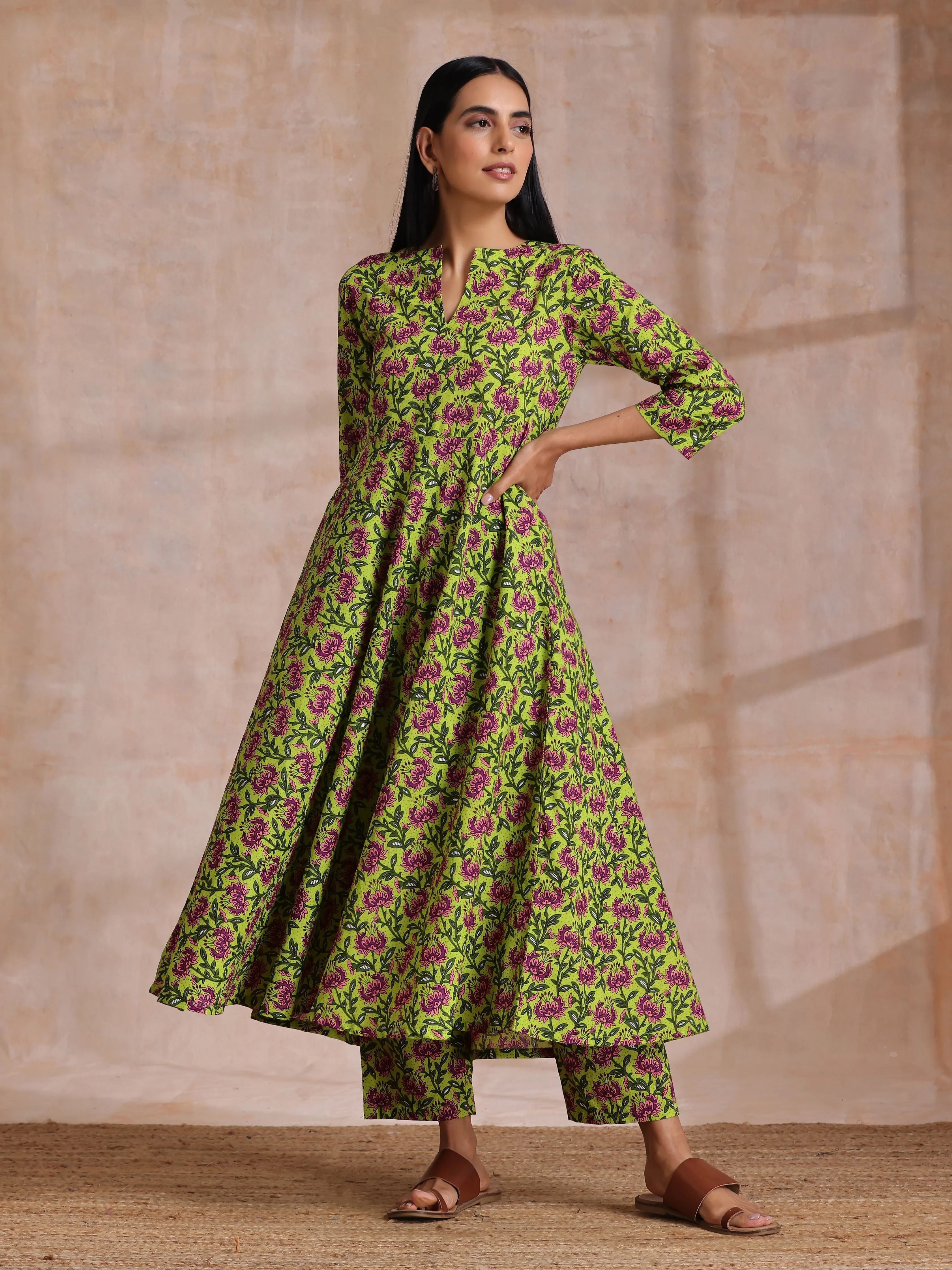 Lime Green Overall Pink Floral Block Print Cotton Flared Kurta Pant Set