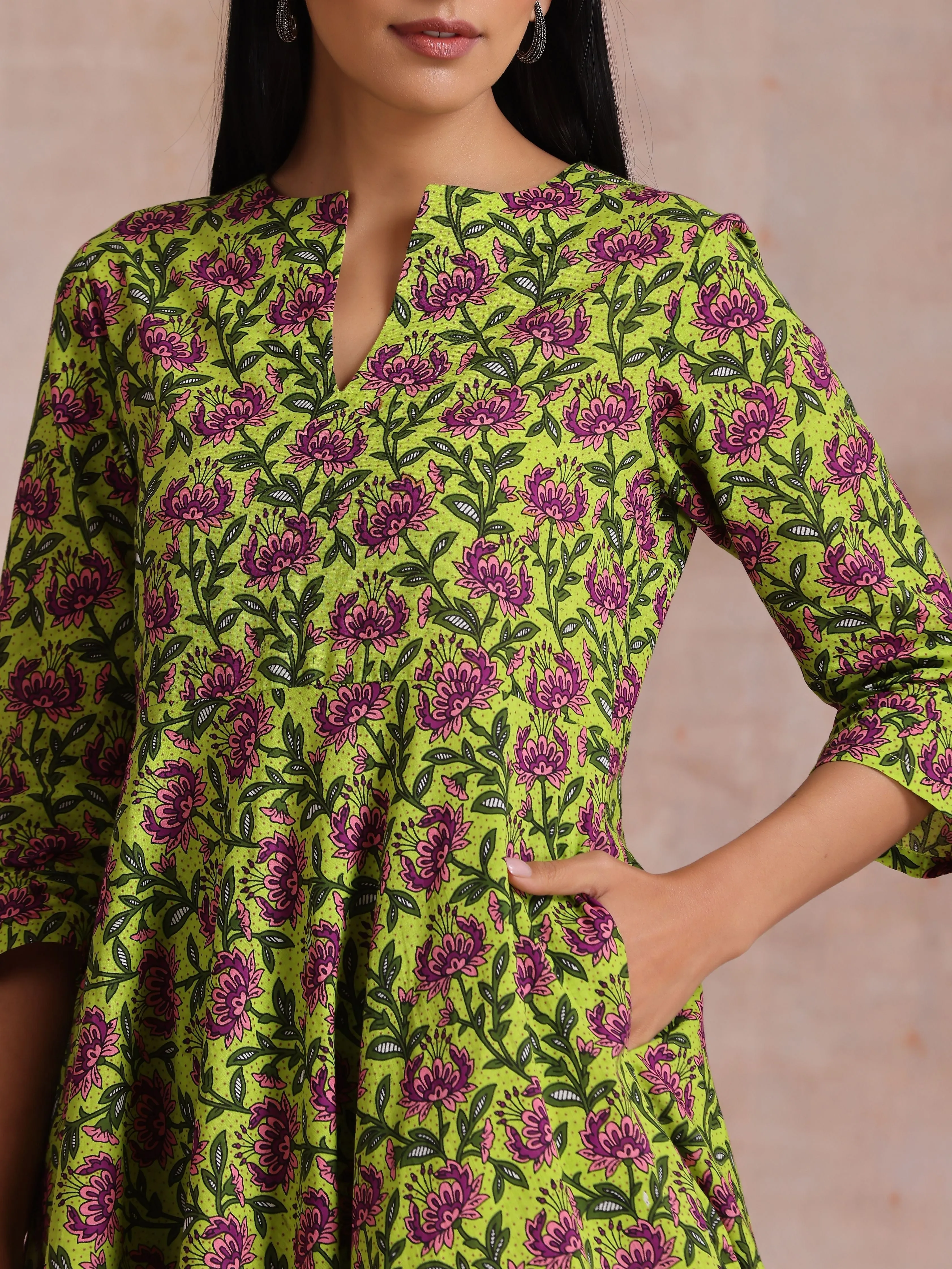 Lime Green Overall Pink Floral Block Print Cotton Flared Kurta Pant Set