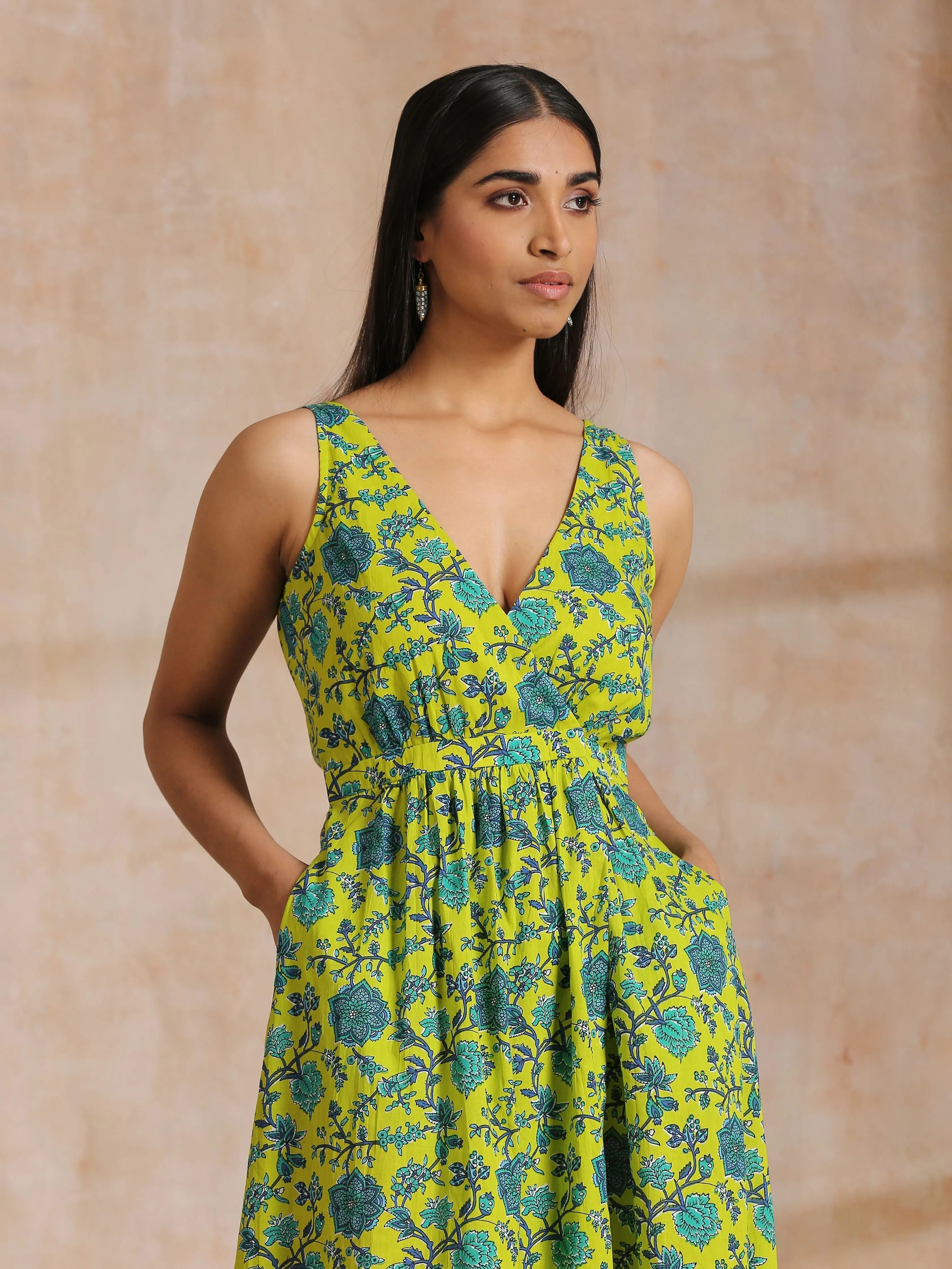 Lime Green Overall Teal Floral Block Print Cotton Sleeveless Wrap Dress