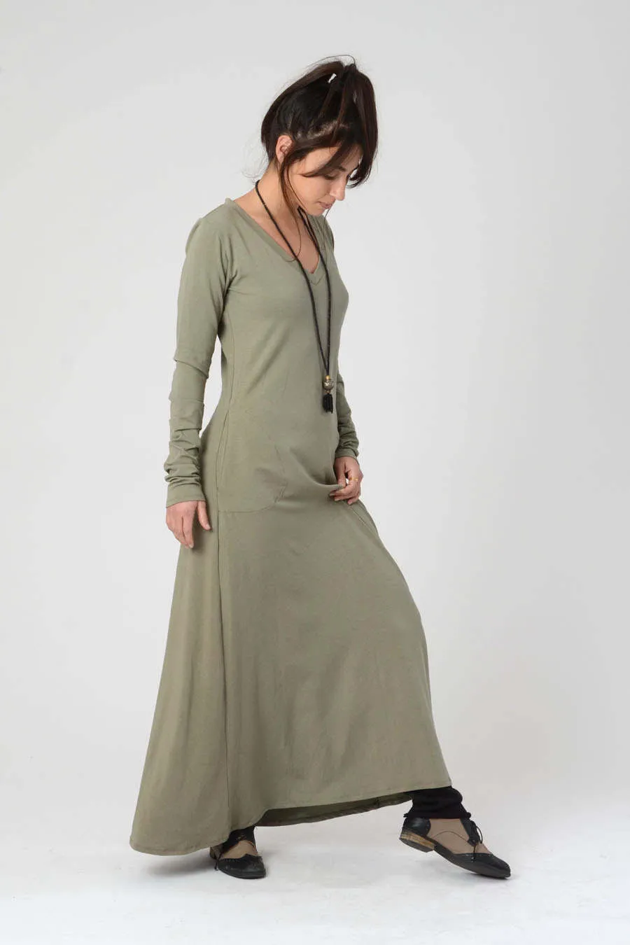 Long Sleeve Khaki Green Maxi Dress