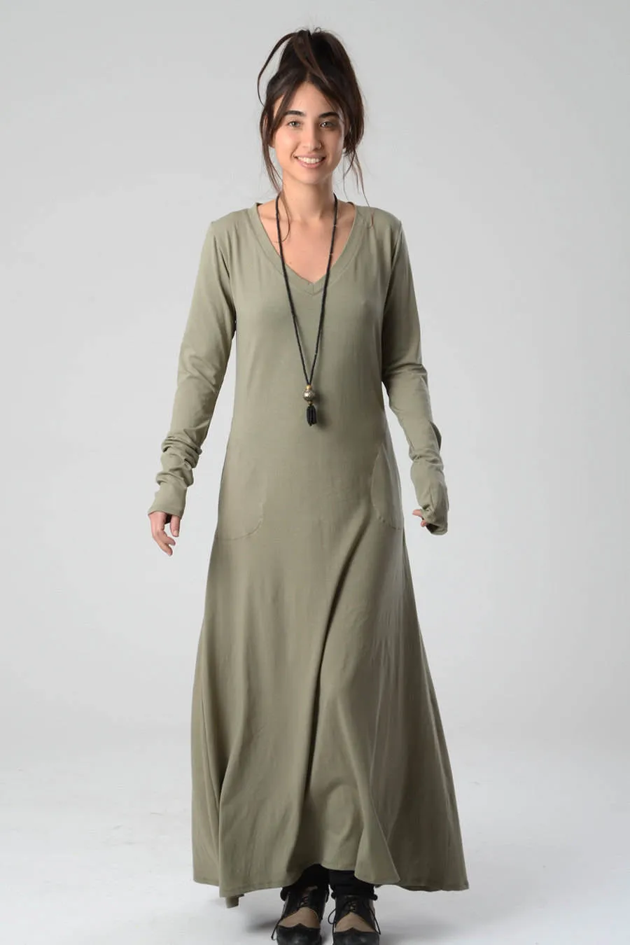 Long Sleeve Khaki Green Maxi Dress