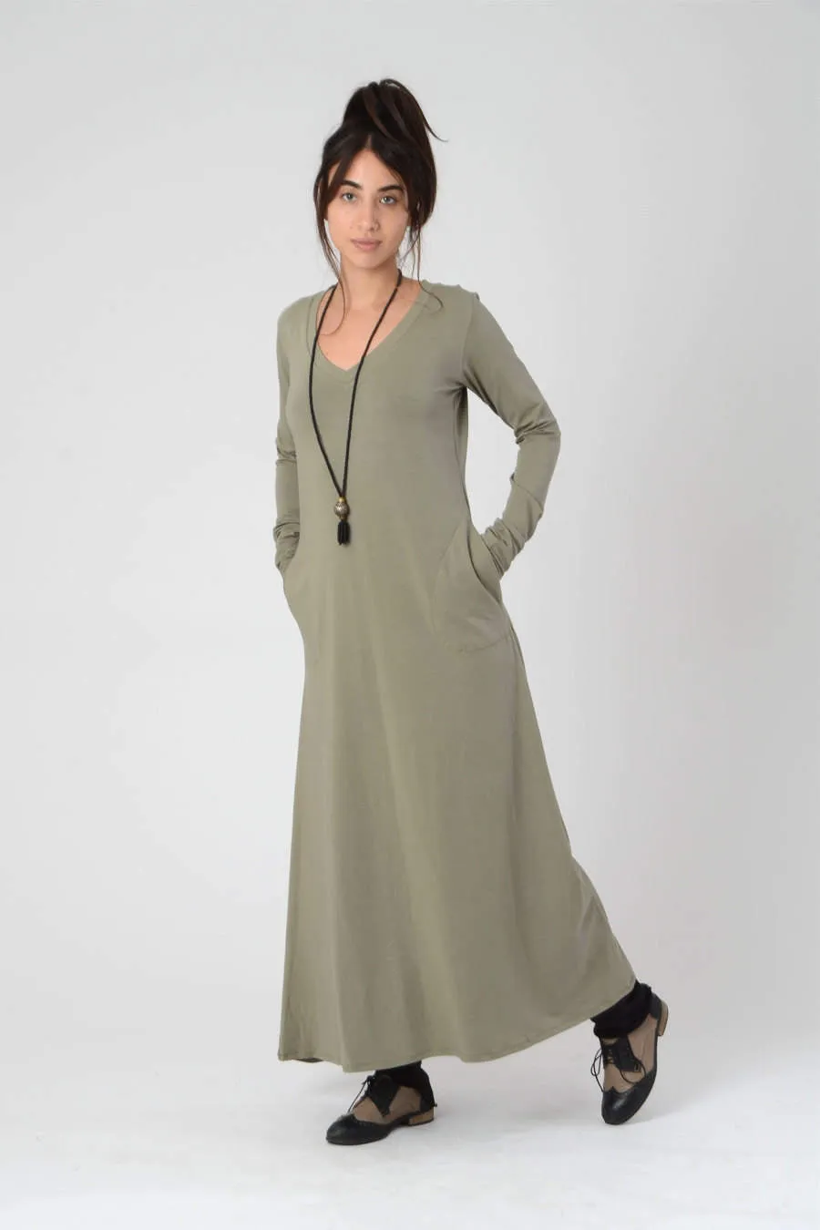 Long Sleeve Khaki Green Maxi Dress