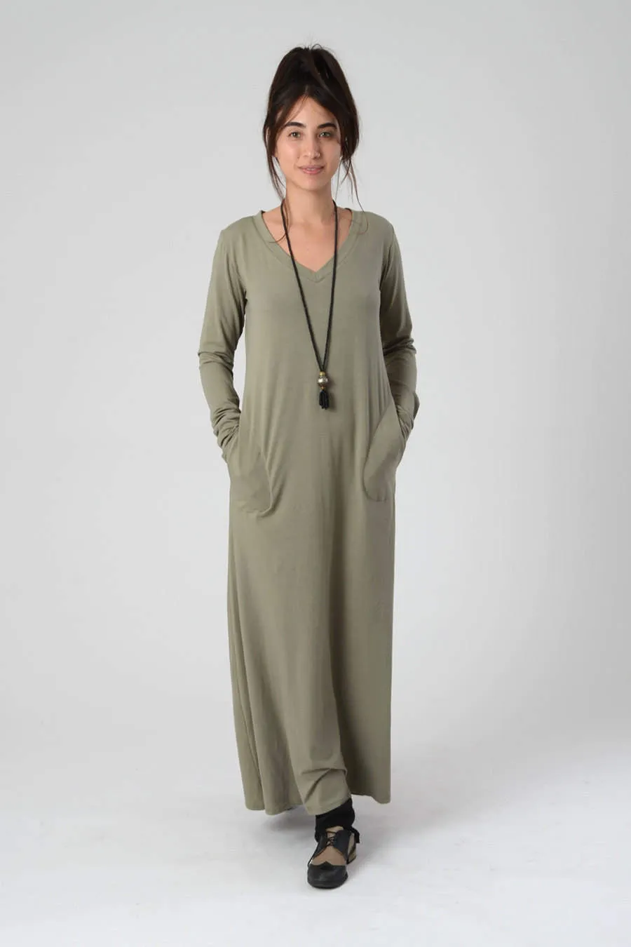 Long Sleeve Khaki Green Maxi Dress