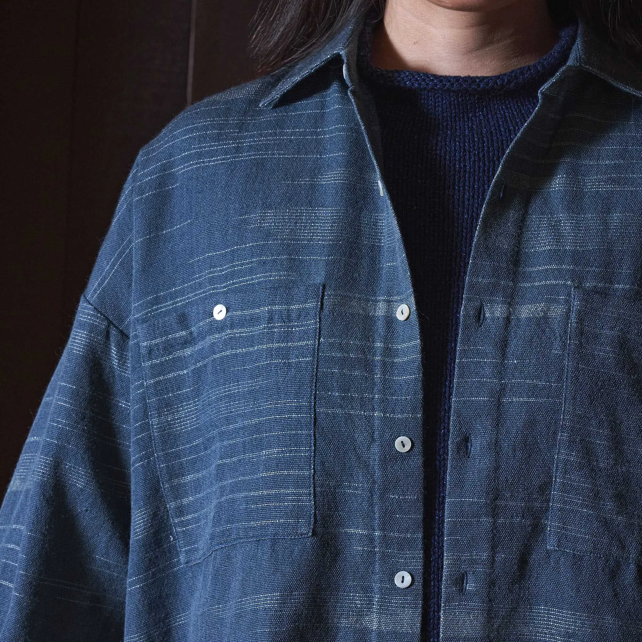 Lonnng Shirt, Indigo-Iron Gray Merino Wool Ikat