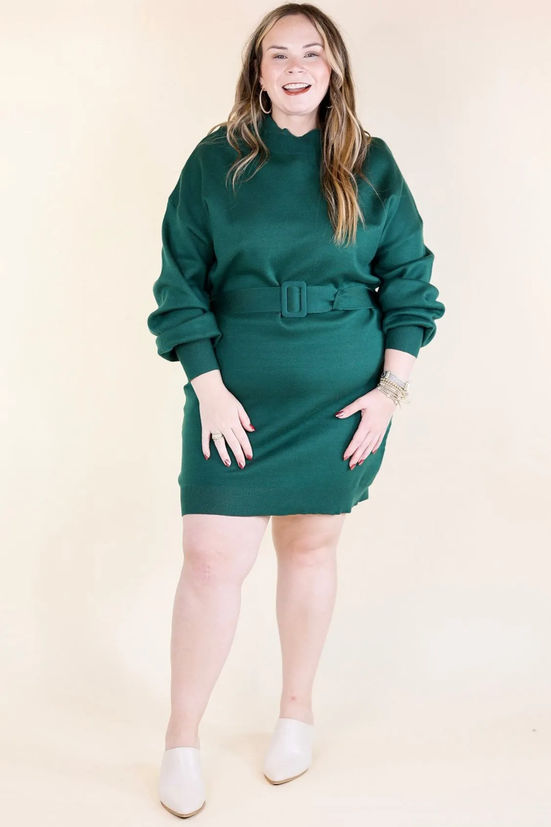 Luxurious Life Sweater Dress with Belt in Hunter Green