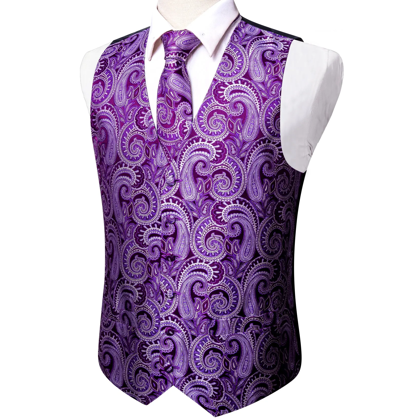 Luxury Purple Paisley Silk Men's Vest Tie Hanky Cufflinks Set Waistcoat Suit Set