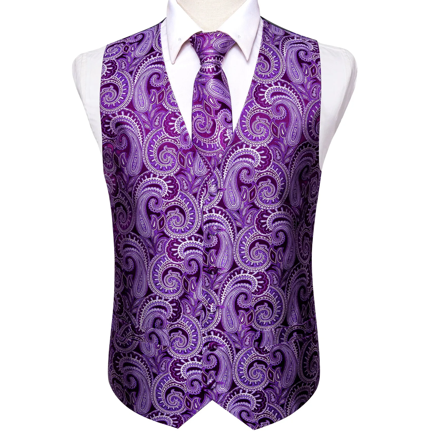 Luxury Purple Paisley Silk Men's Vest Tie Hanky Cufflinks Set Waistcoat Suit Set