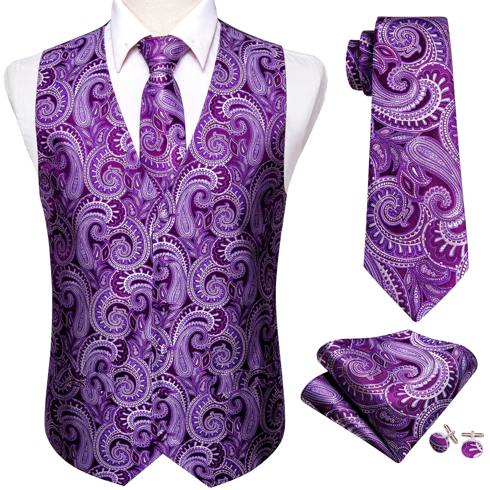 Luxury Purple Paisley Silk Men's Vest Tie Hanky Cufflinks Set Waistcoat Suit Set