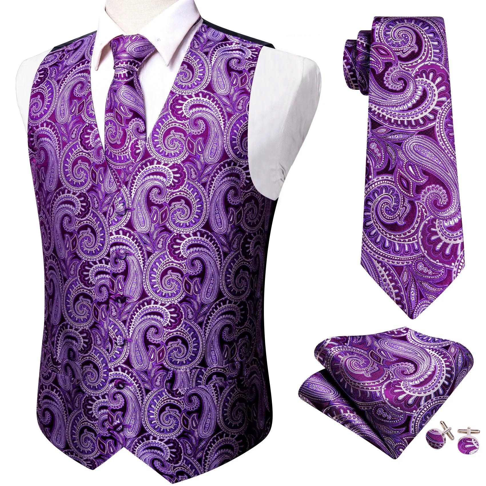 Luxury Purple Paisley Silk Men's Vest Tie Hanky Cufflinks Set Waistcoat Suit Set