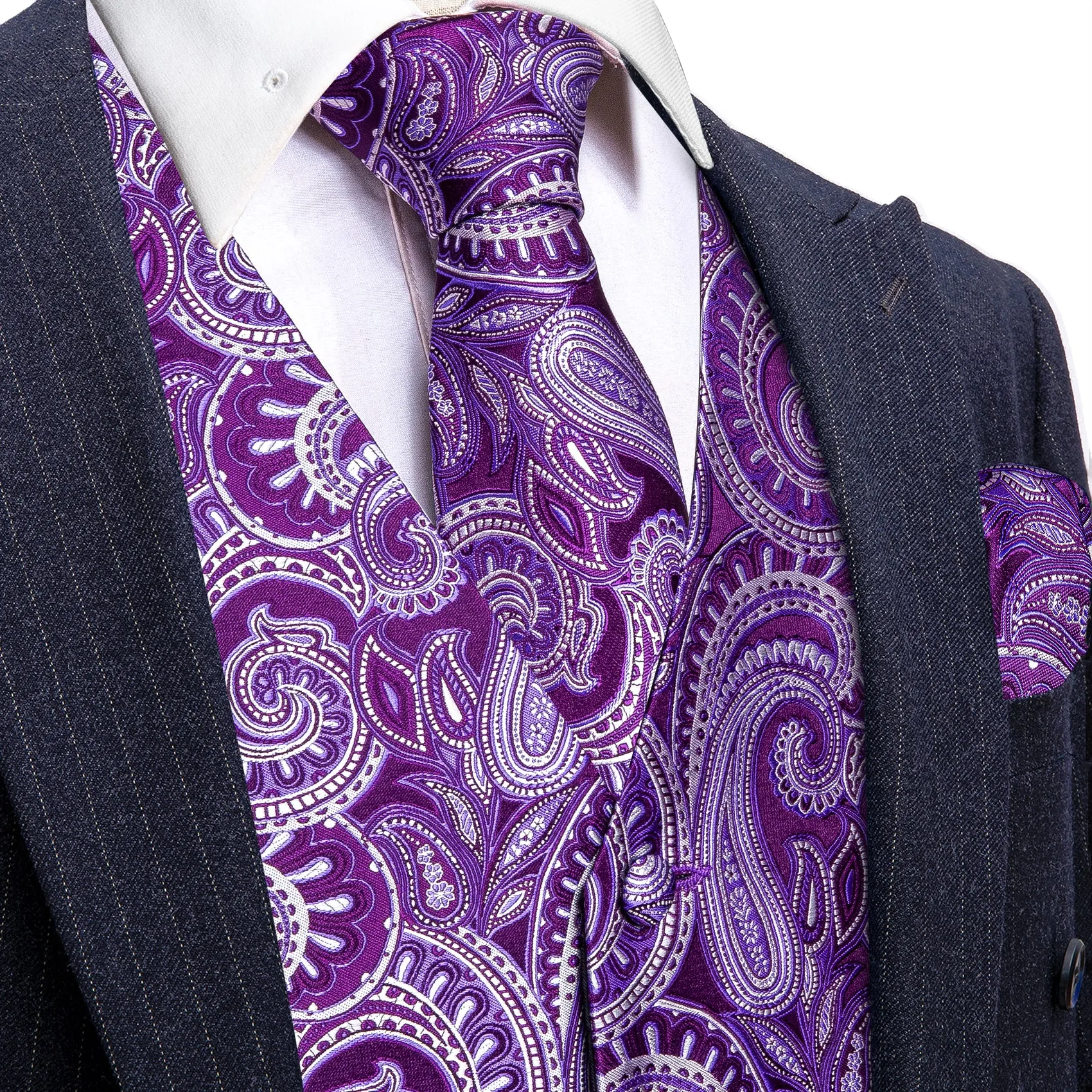 Luxury Purple Paisley Silk Men's Vest Tie Hanky Cufflinks Set Waistcoat Suit Set