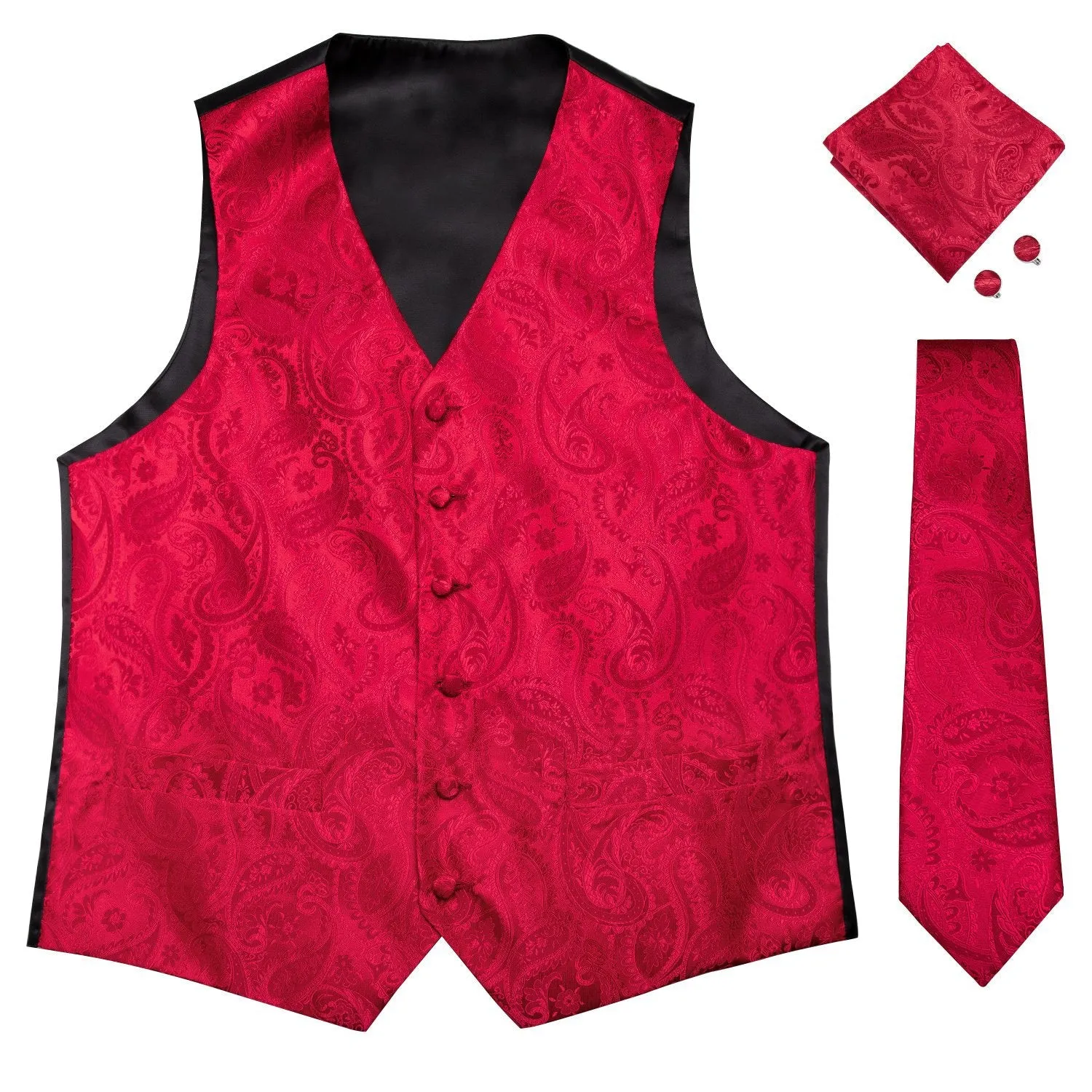 Luxury Red Paisley Jacquard Silk Men's Vest Hanky Cufflinks Tie Set Waistcoat Suit Set