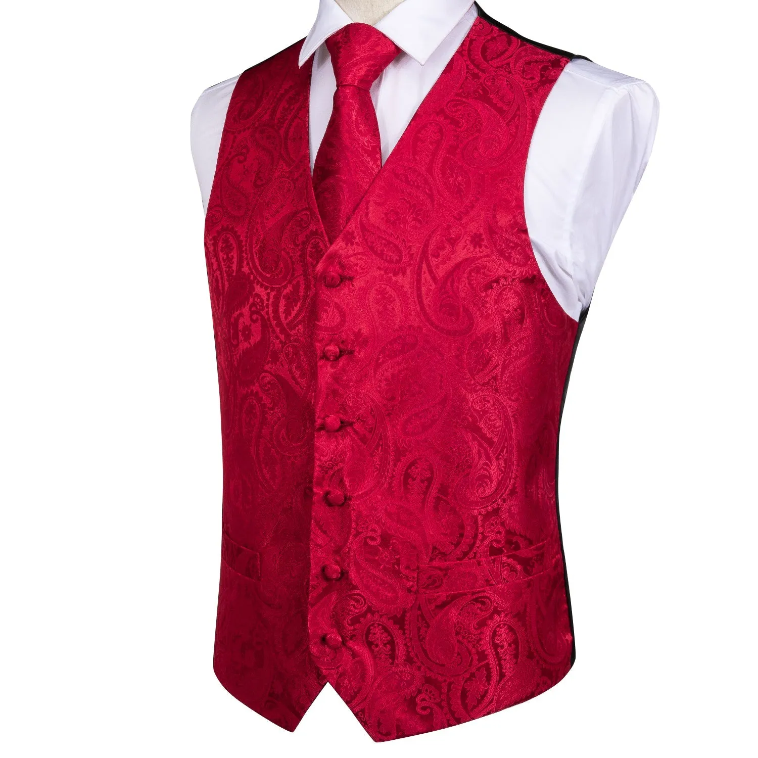 Luxury Red Paisley Jacquard Silk Men's Vest Hanky Cufflinks Tie Set Waistcoat Suit Set