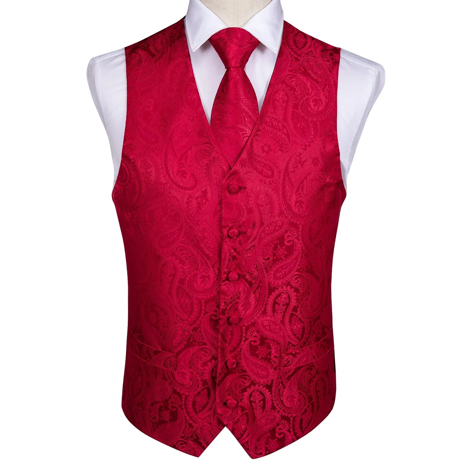 Luxury Red Paisley Jacquard Silk Men's Vest Hanky Cufflinks Tie Set Waistcoat Suit Set