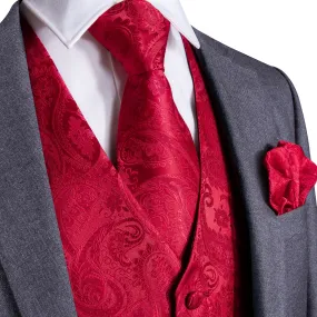 Luxury Red Paisley Jacquard Silk Men's Vest Hanky Cufflinks Tie Set Waistcoat Suit Set