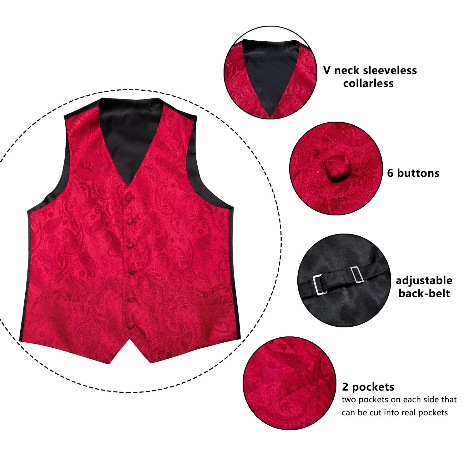 Luxury Red Paisley Jacquard Silk Men's Vest Hanky Cufflinks Tie Set Waistcoat Suit Set