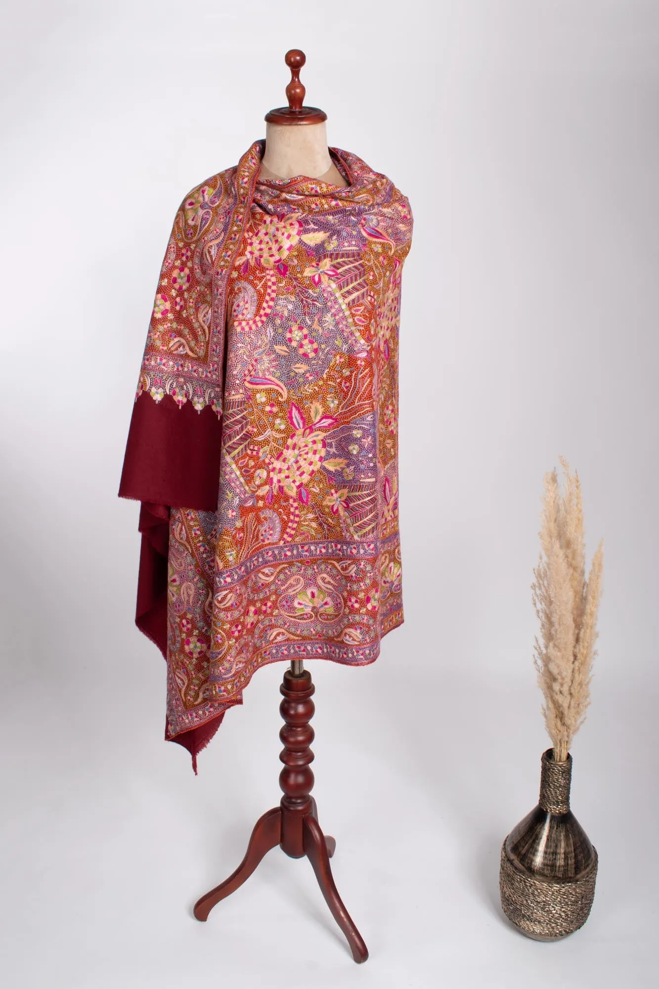 Maroon Hand Embroidered Papermachie Shawl - BARISHAL