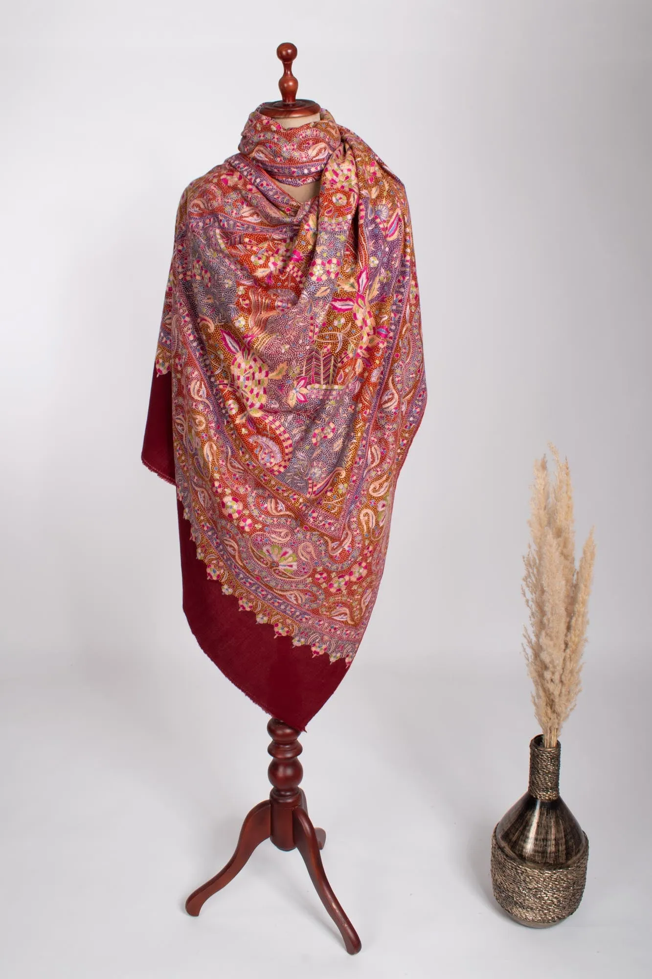 Maroon Hand Embroidered Papermachie Shawl - BARISHAL