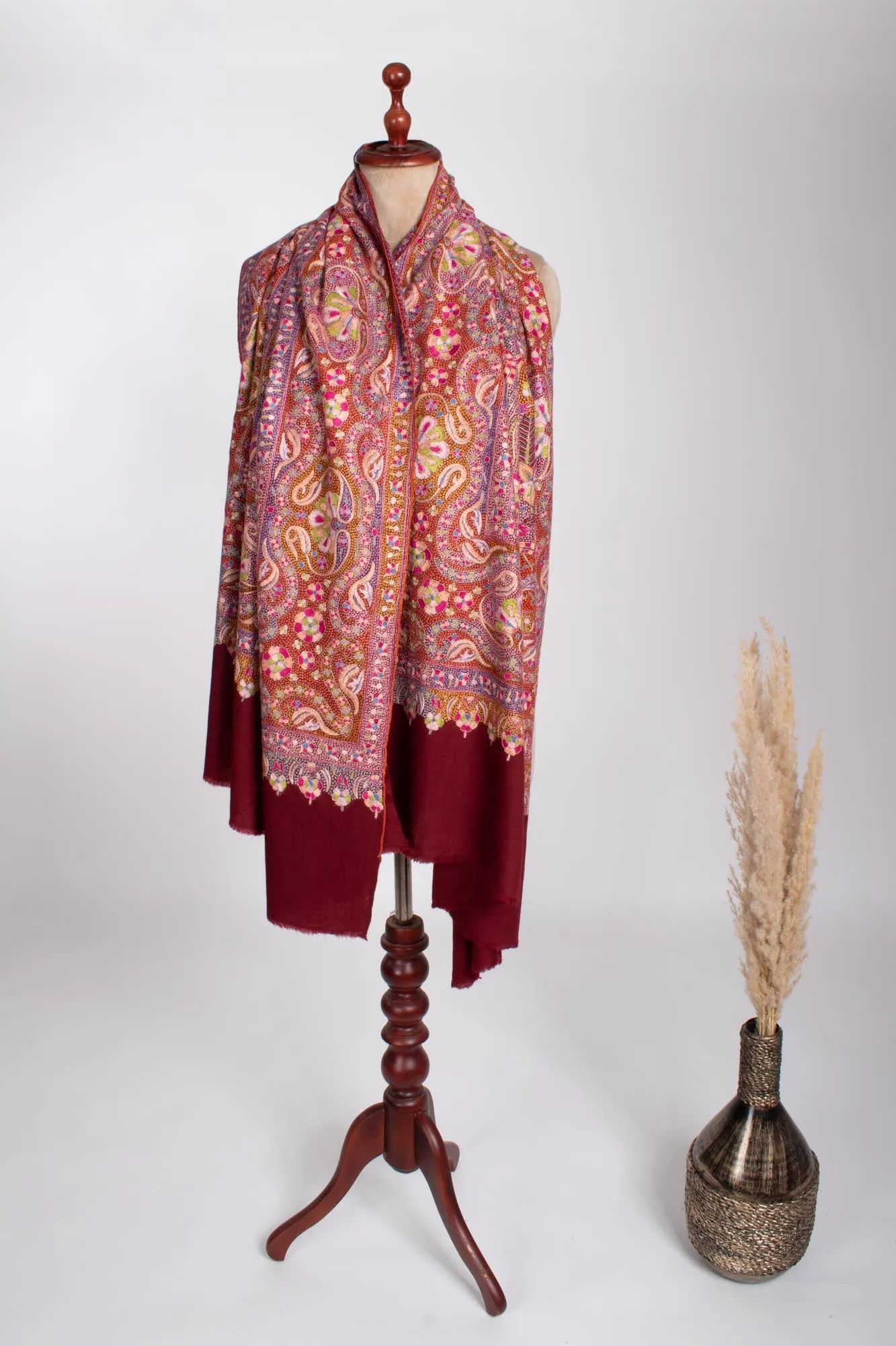 Maroon Hand Embroidered Papermachie Shawl - BARISHAL