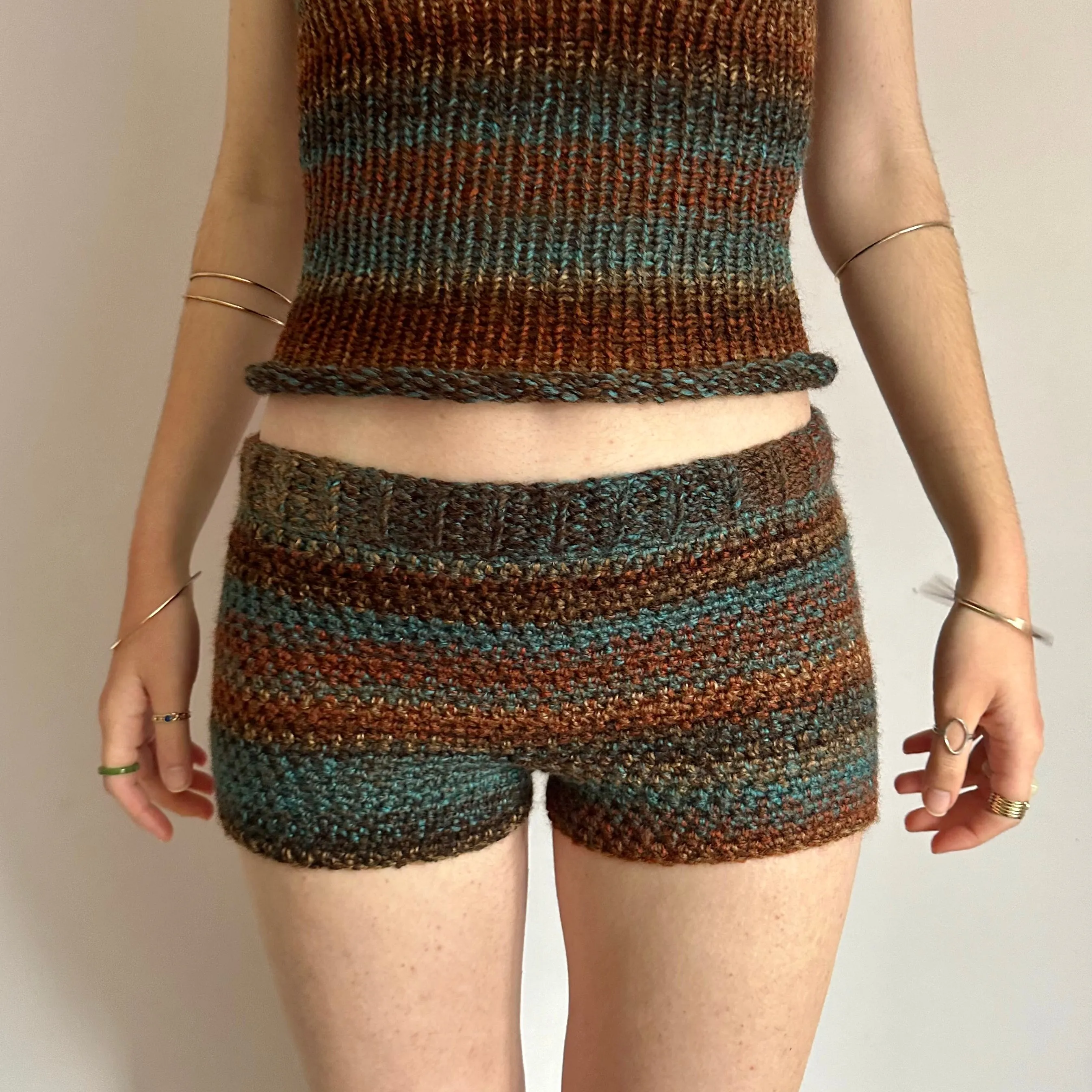 Matching set: brown and blue striped crochet shorts and knit halter top