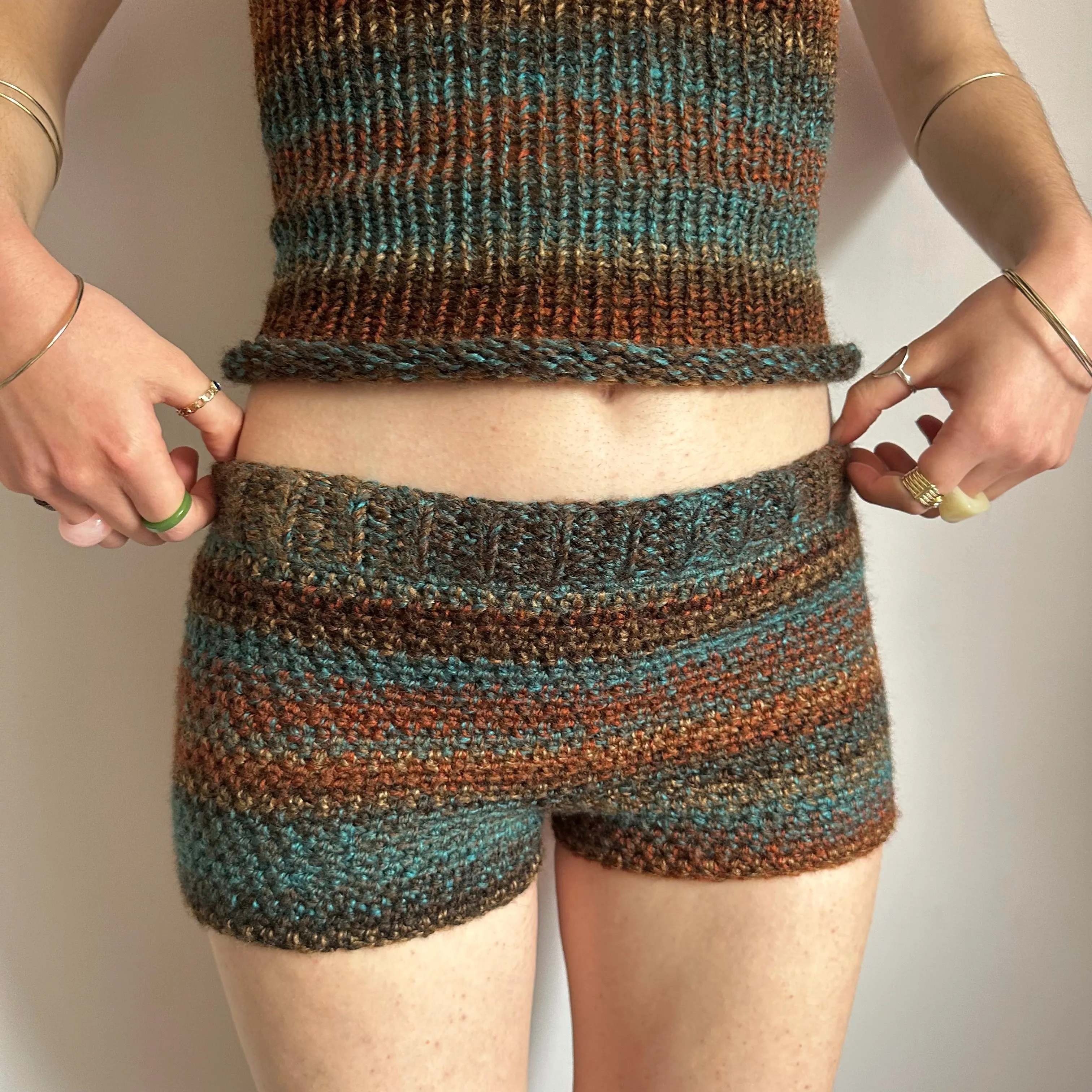 Matching set: brown and blue striped crochet shorts and knit halter top