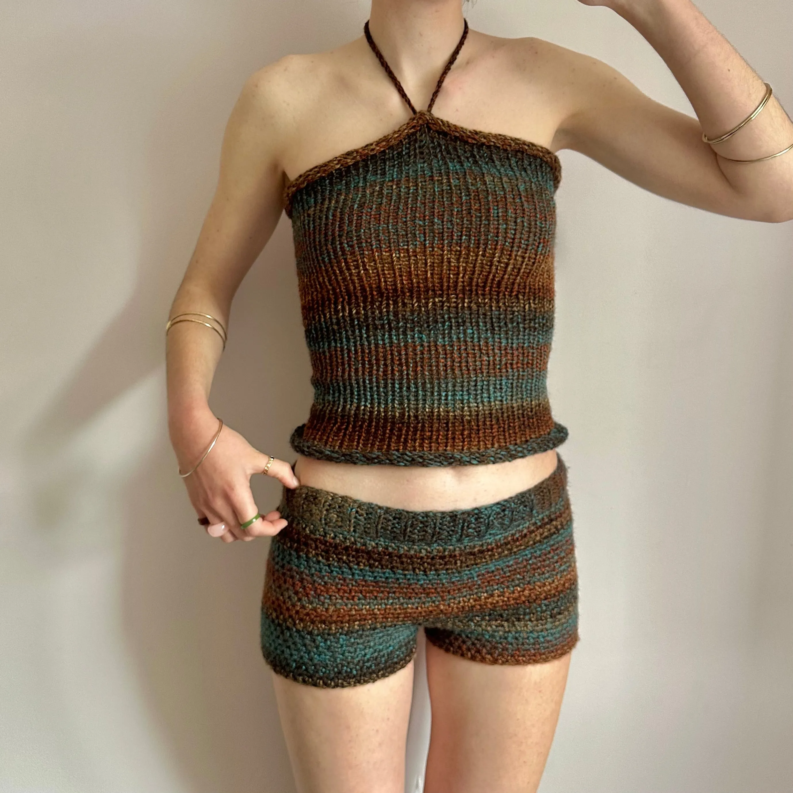 Matching set: brown and blue striped crochet shorts and knit halter top