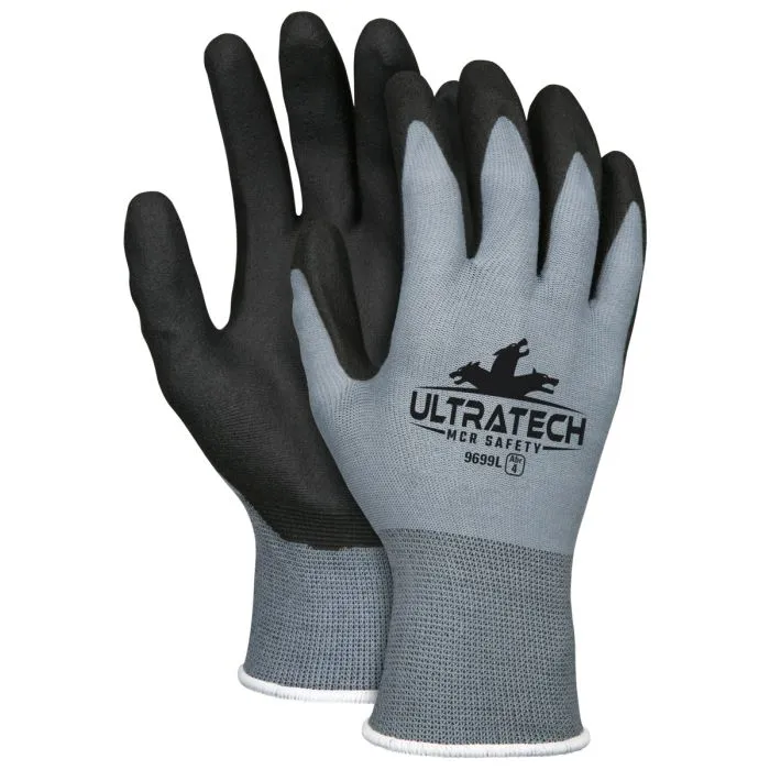 MCR Safety UltraTech 9699 15 Gauge Nylon Shell, HPT Coated Work Gloves, Gray, Box of 12 Pairs