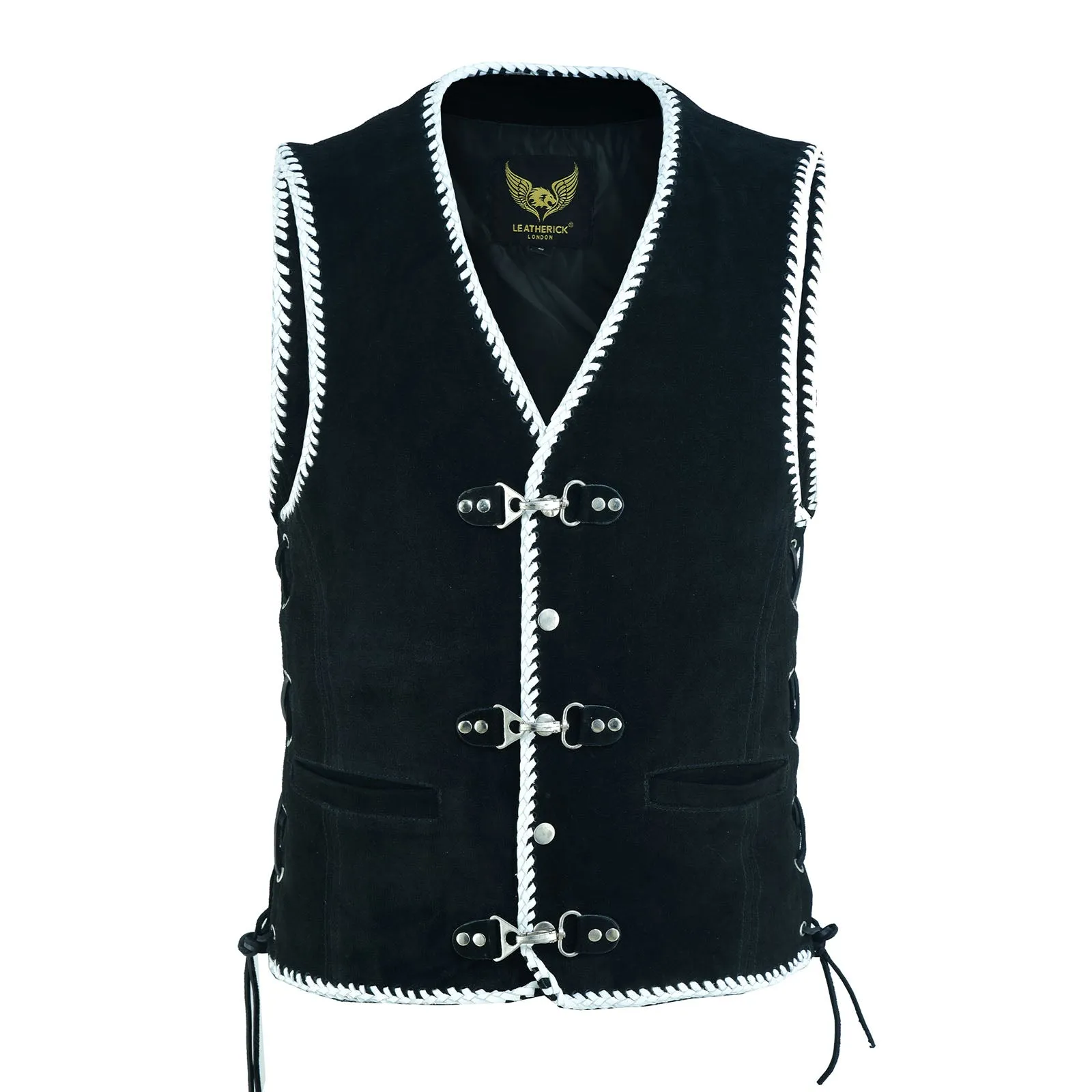 Men Black Suede Biker Leather Vest with White Spanish Braid