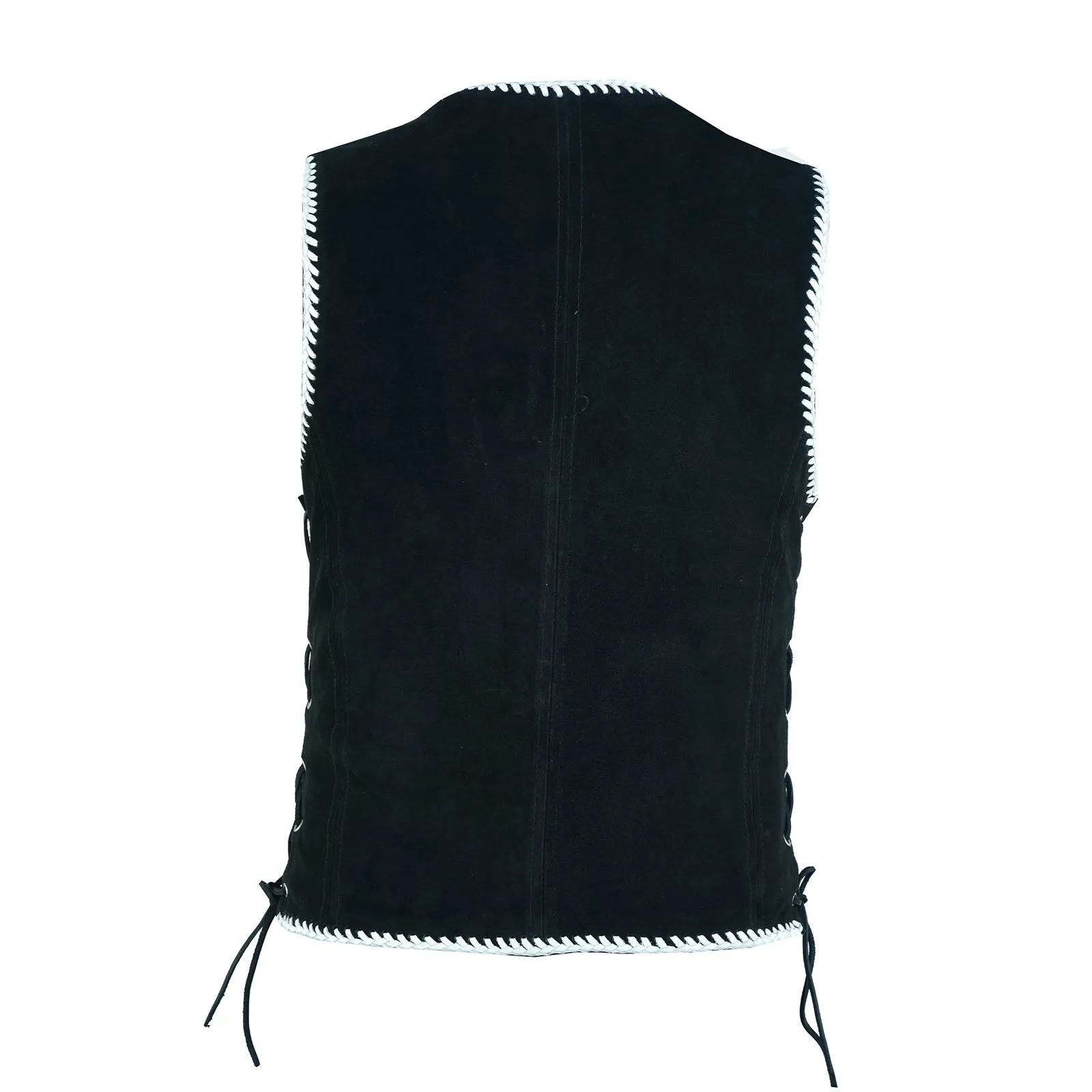 Men Black Suede Biker Leather Vest with White Spanish Braid