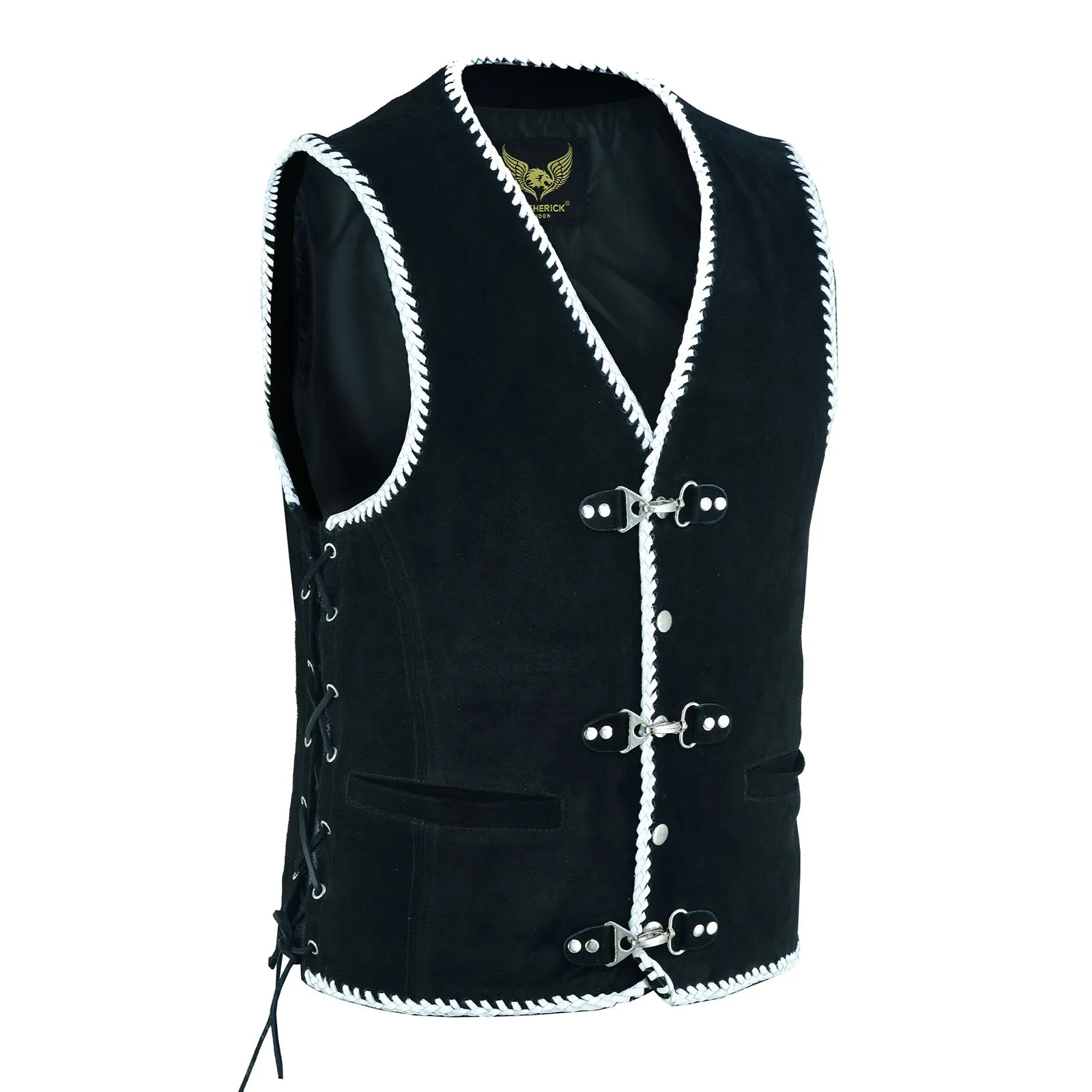 Men Black Suede Biker Leather Vest with White Spanish Braid