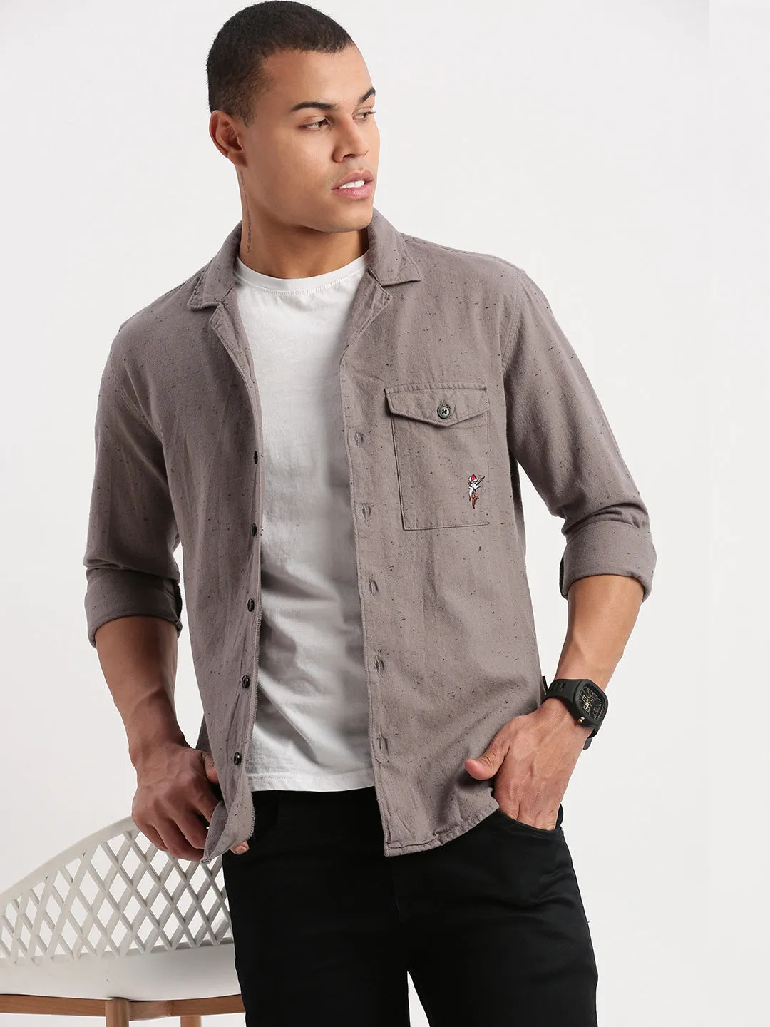 Men Cuban Collar Solid Grey Oversized Shacket