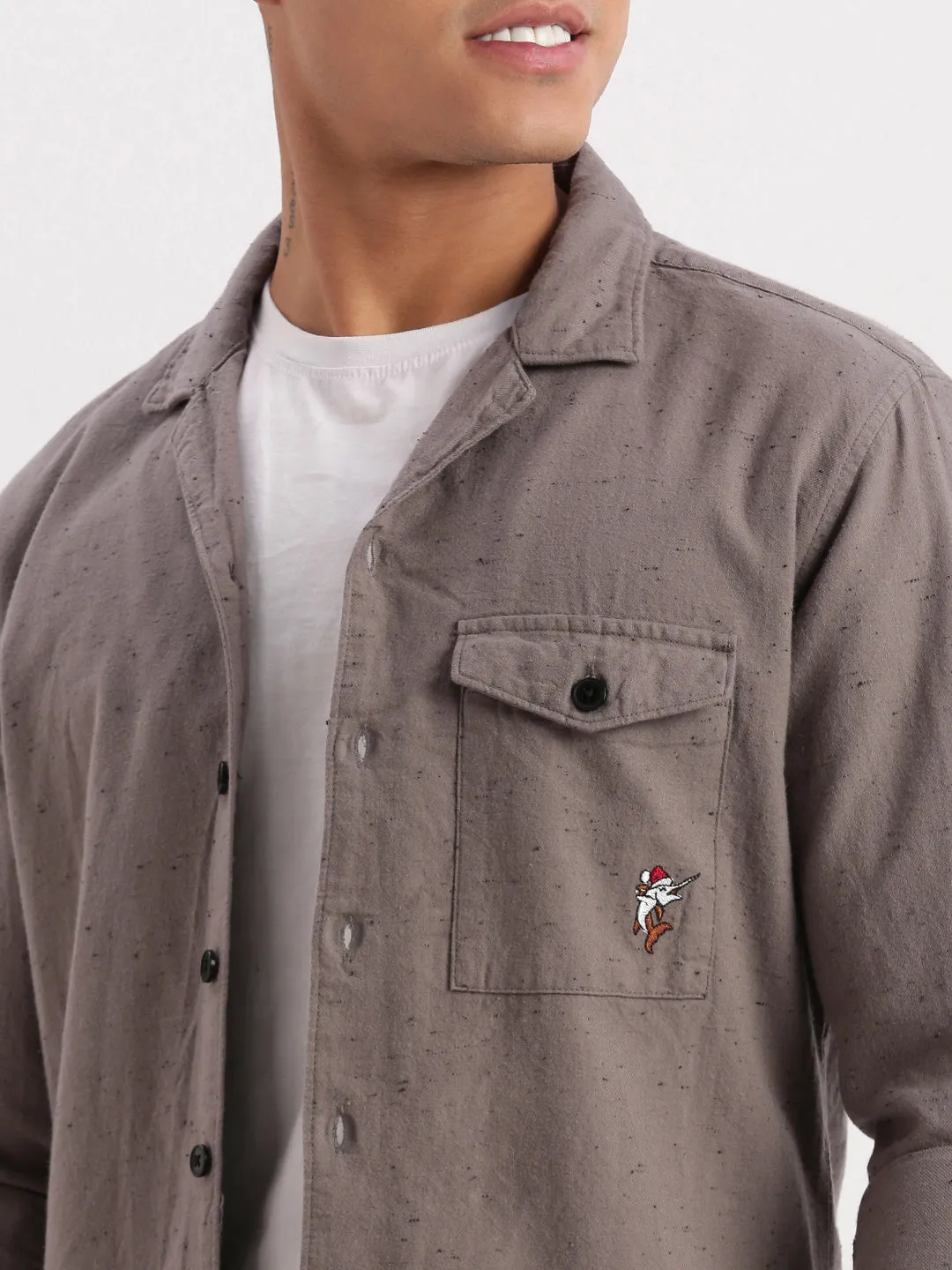 Men Cuban Collar Solid Grey Oversized Shacket