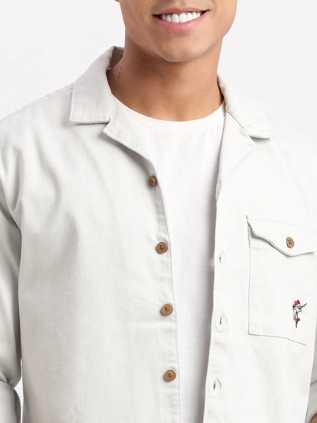 Men Cuban Collar Solid White Oversized Shacket