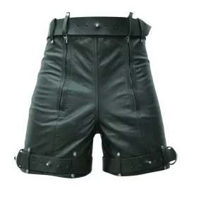 Mens Black Leather Chastity Bondage Shorts