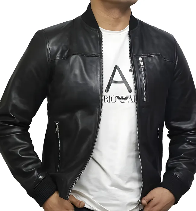 Mens Bomber Blue Leather Plain Jacket