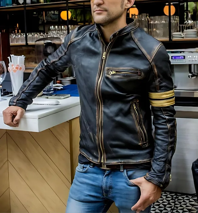 Mens Brown Café Racer Distressed Quilted Motorcycle Leather Jacket