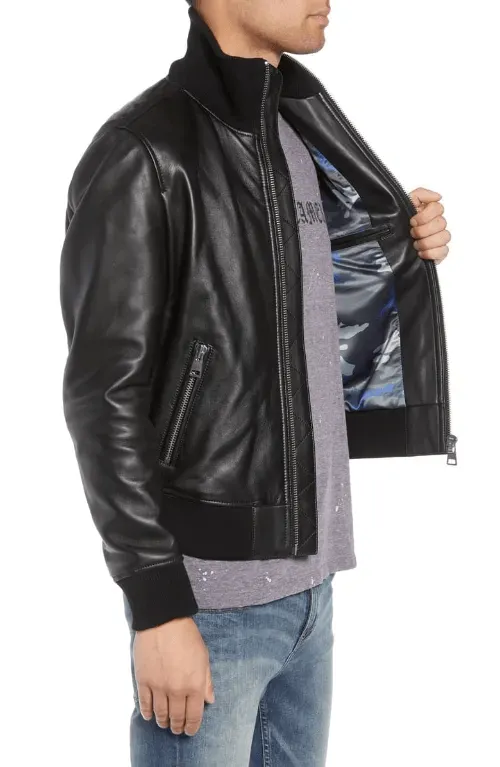 Mens Casual Black Leather Bomber Jacket