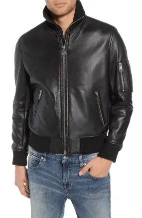 Mens Casual Black Leather Bomber Jacket