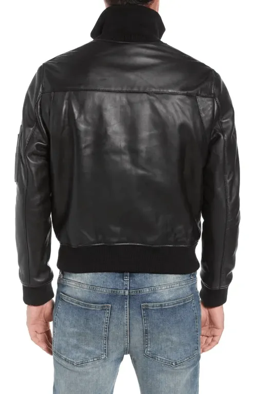 Mens Casual Black Leather Bomber Jacket